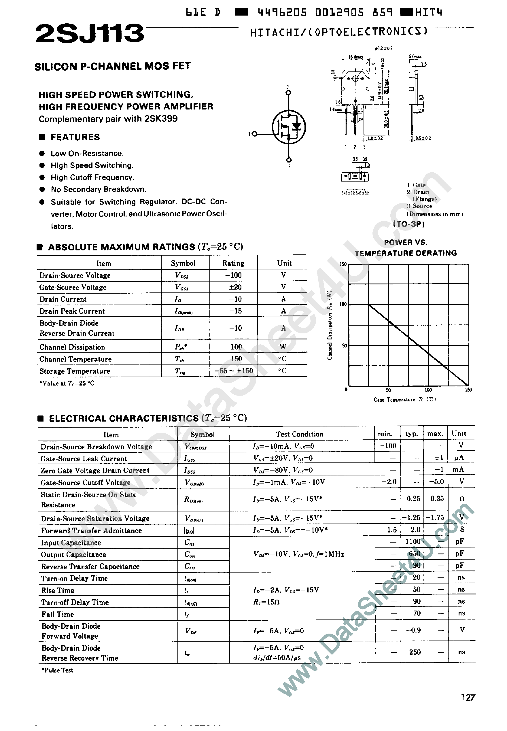 Datasheet 2SJ113 page 1 Datasheet 2SJ113 - SILICON P-CHANNEL MOS FET page 1