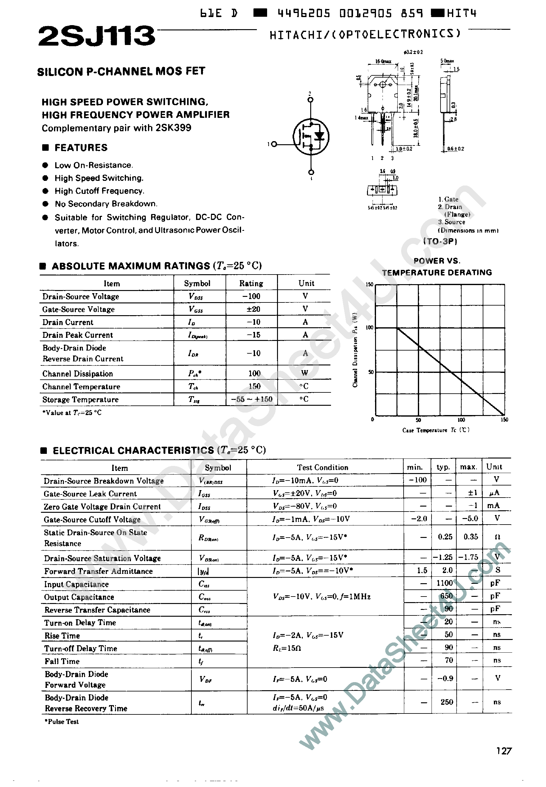 Datasheet 2SJ113 - SILICON P-CHANNEL MOS FET page 1