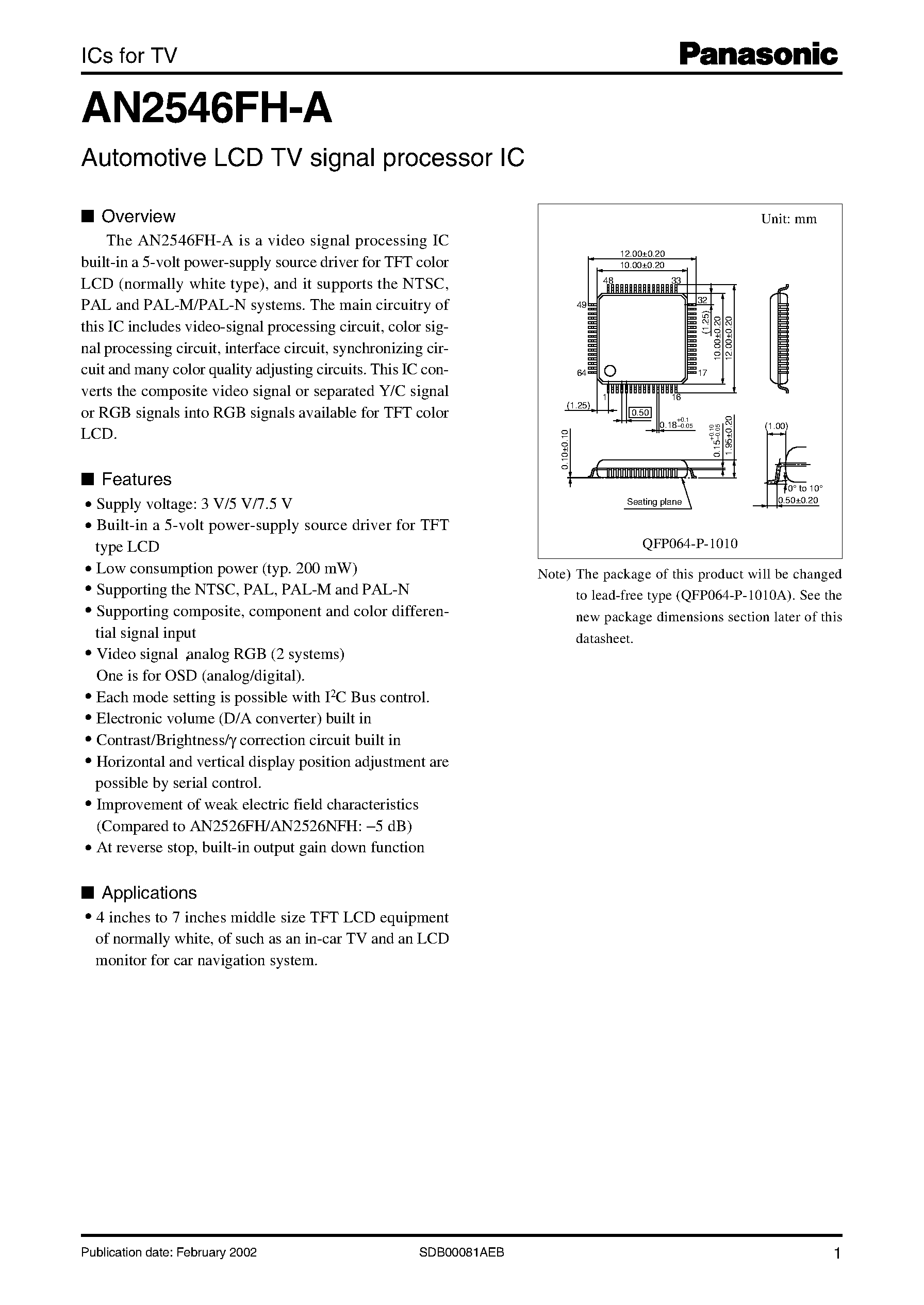 Datasheet AN2546FH-A - Automotive LCD TV signal processor IC page 1