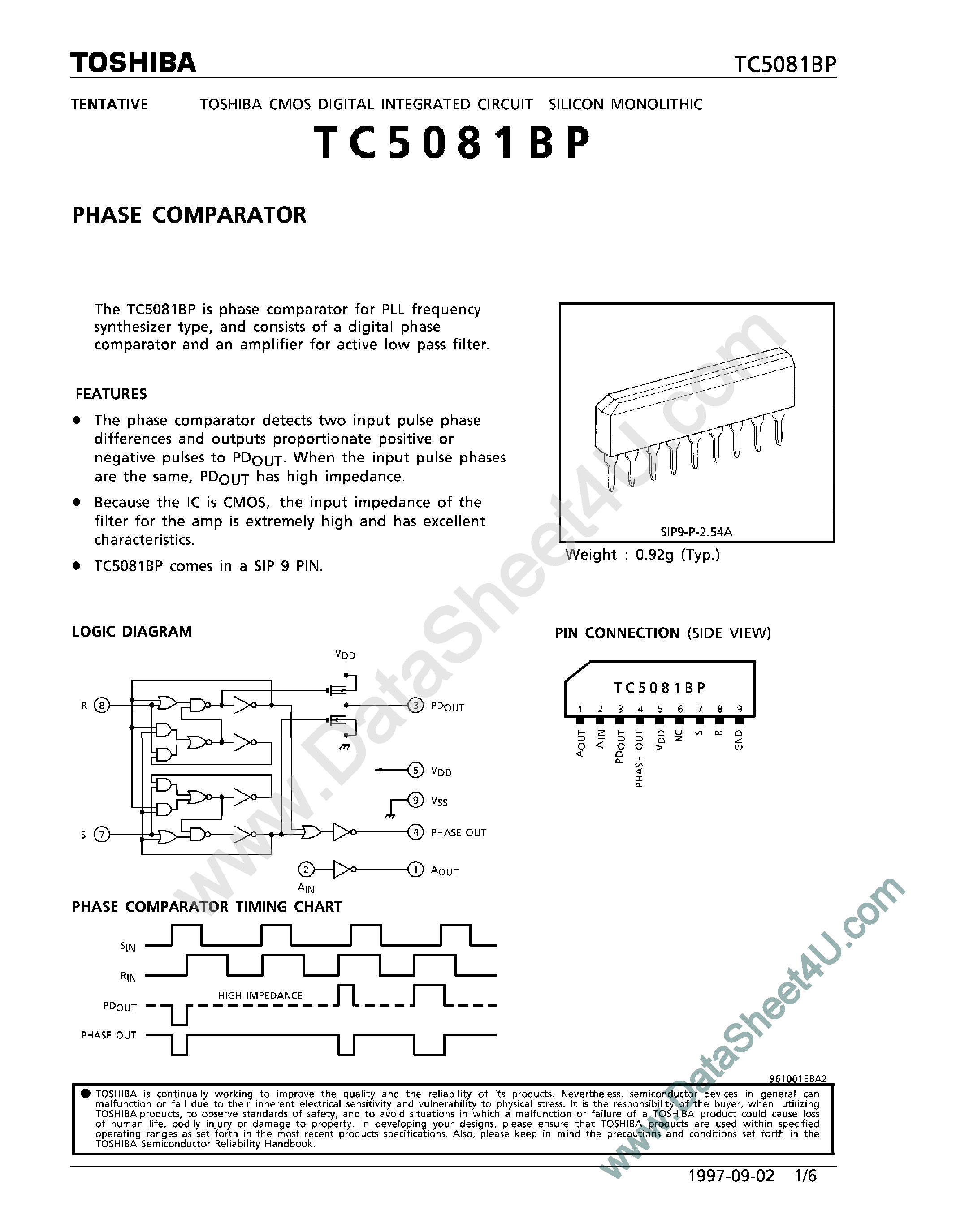 Datasheet TC5081BP - PHASE COMPARATOR page 1