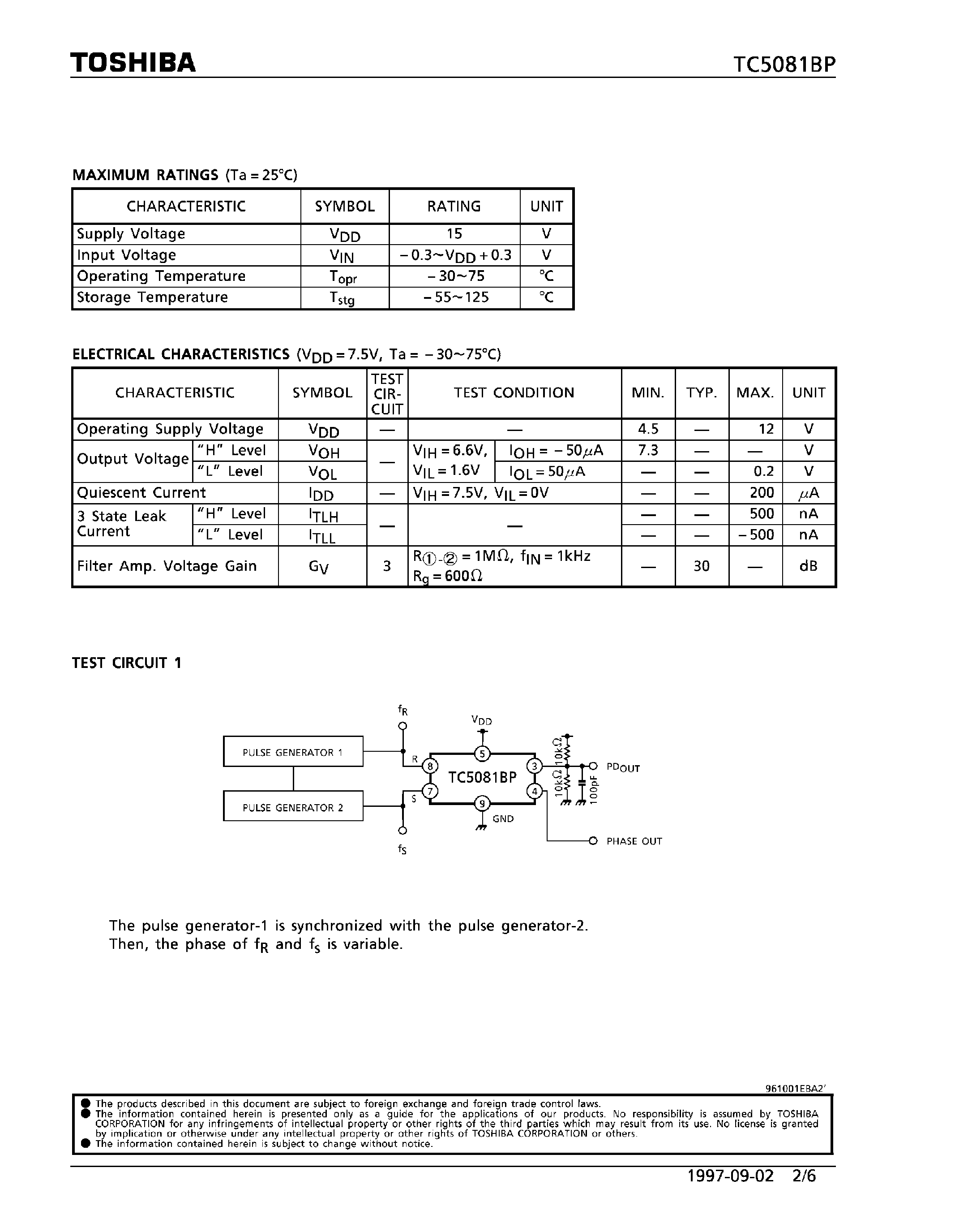 Datasheet TC5081BP - PHASE COMPARATOR page 2
