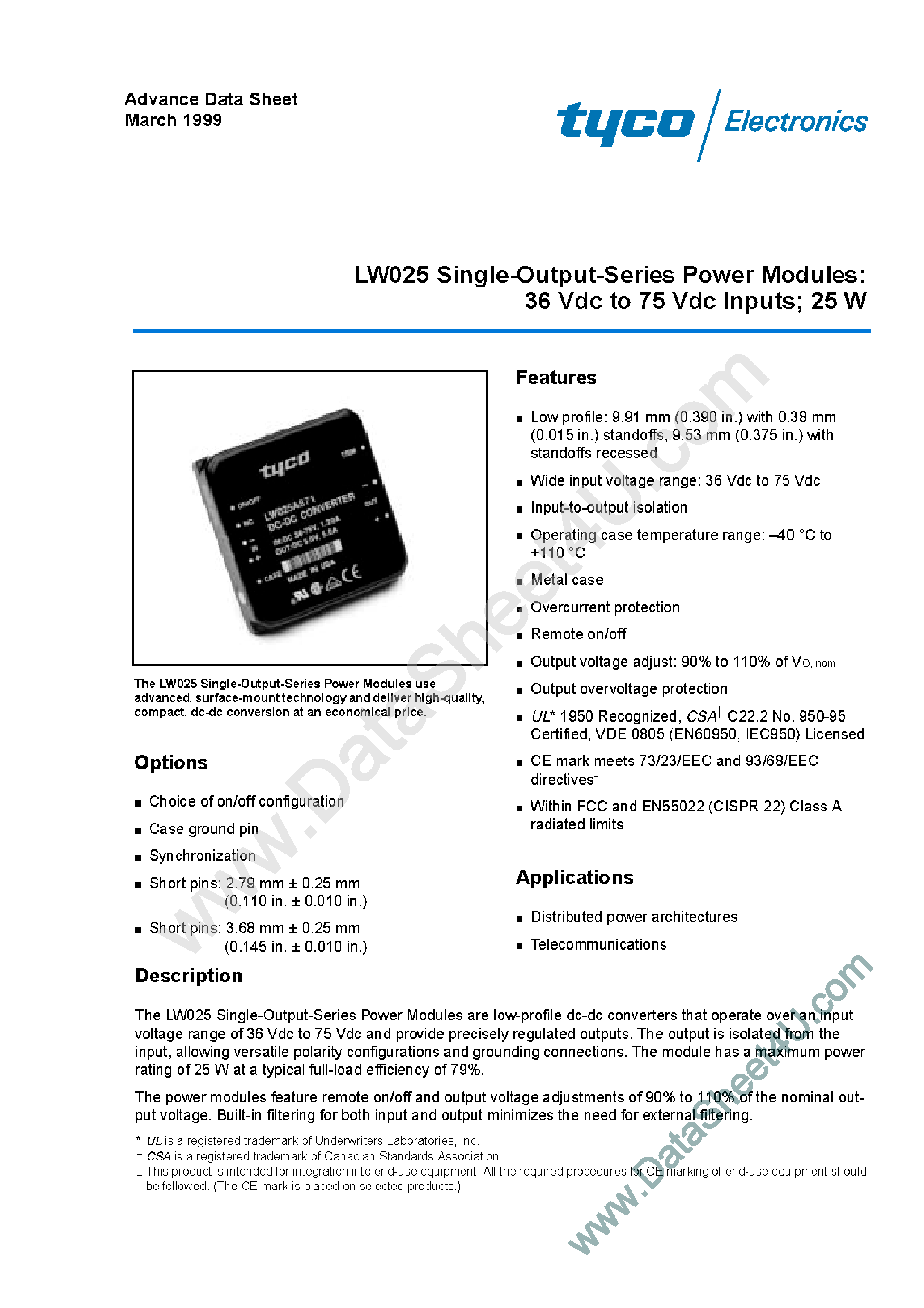 Datasheet LW025 page 1 Datasheet LW025 - LW025 Single-Output-Series Power Modules 36 Vdc to 75 Vdc Inputs 25 W page 1