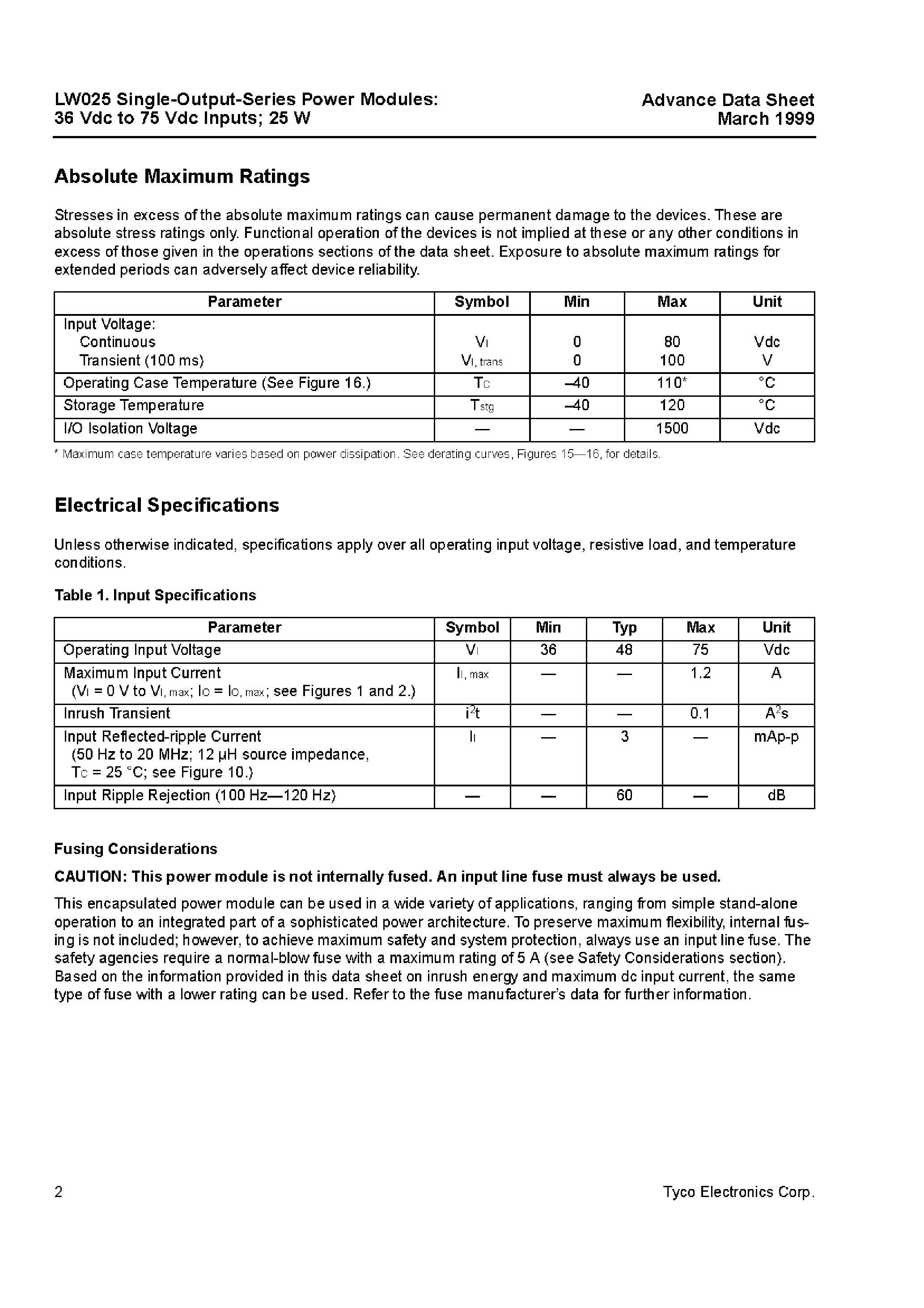 Datasheet LW025 page 2 Datasheet LW025 - LW025 Single-Output-Series Power Modules 36 Vdc to 75 Vdc Inputs 25 W page 2