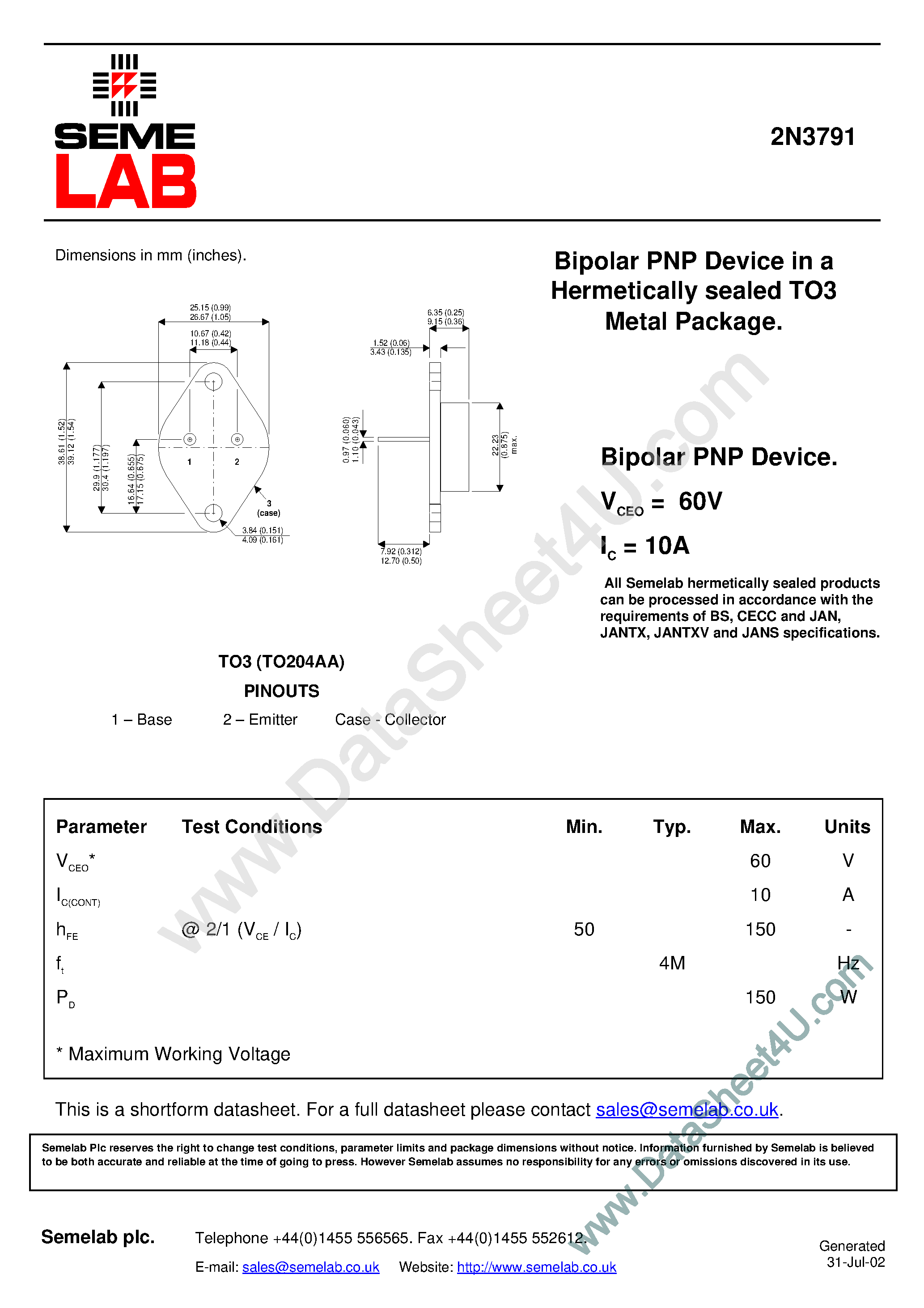 Даташит на микросхему 2N3791 страница 1 Даташит 2N3791 - Bipolar PNP Device страница 1