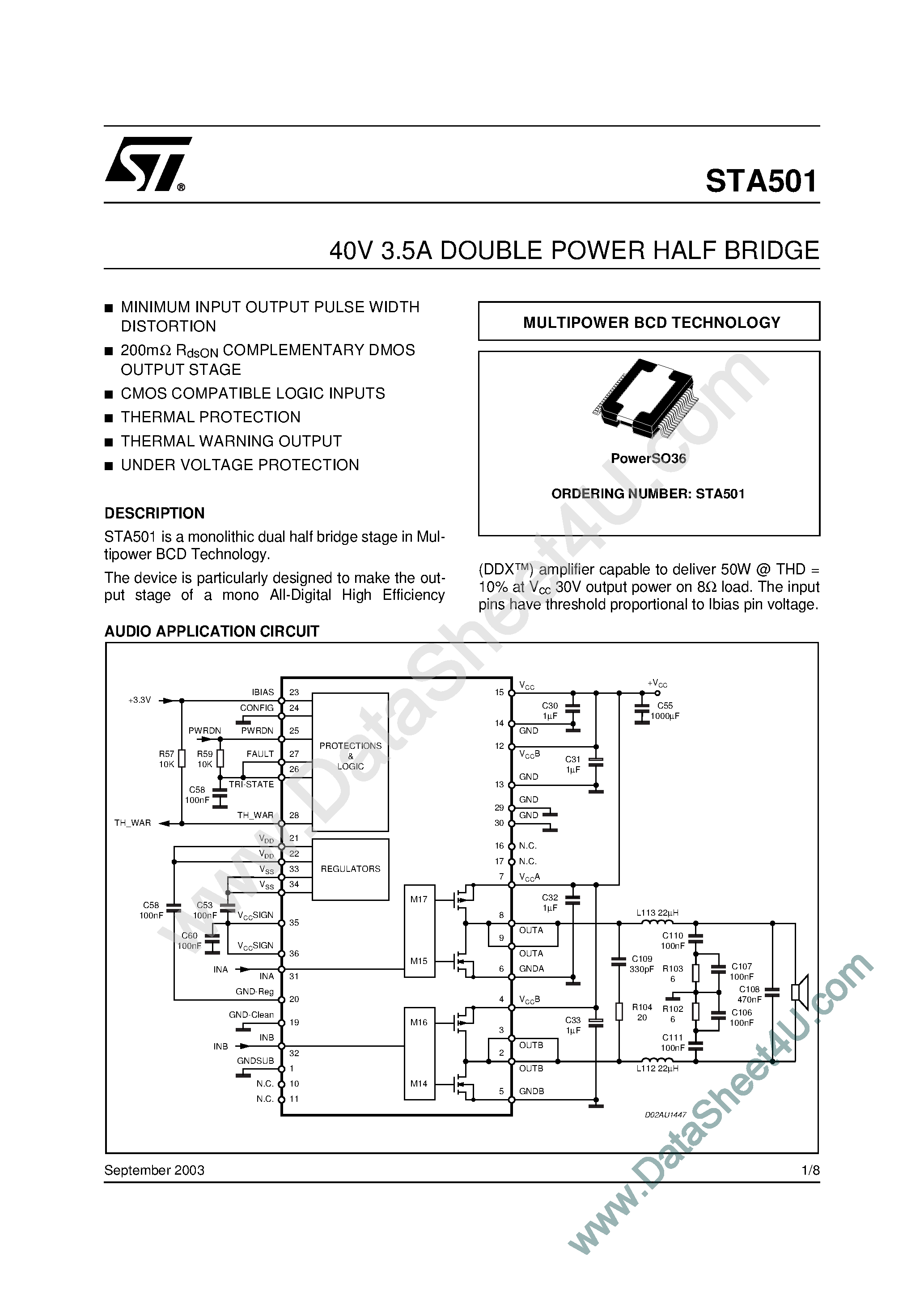 Даташит на микросхему STA501 страница 1 Даташит STA501 - 40V 3.5A Double Power Half Bridge страница 1