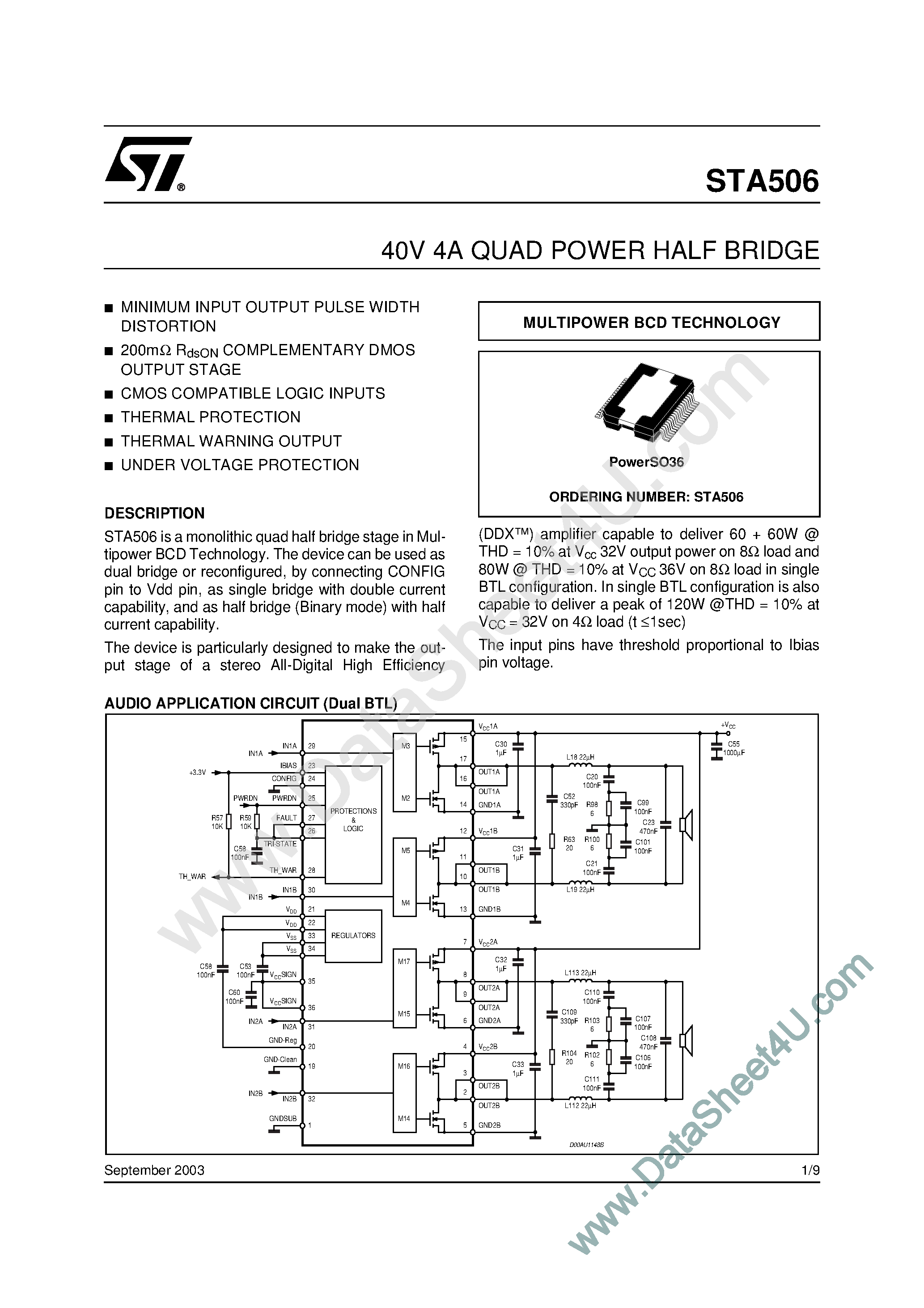 Datasheet STA506 page 1 Datasheet STA506 - 40V 4A QUAD POWER HALF BRIDGE page 1