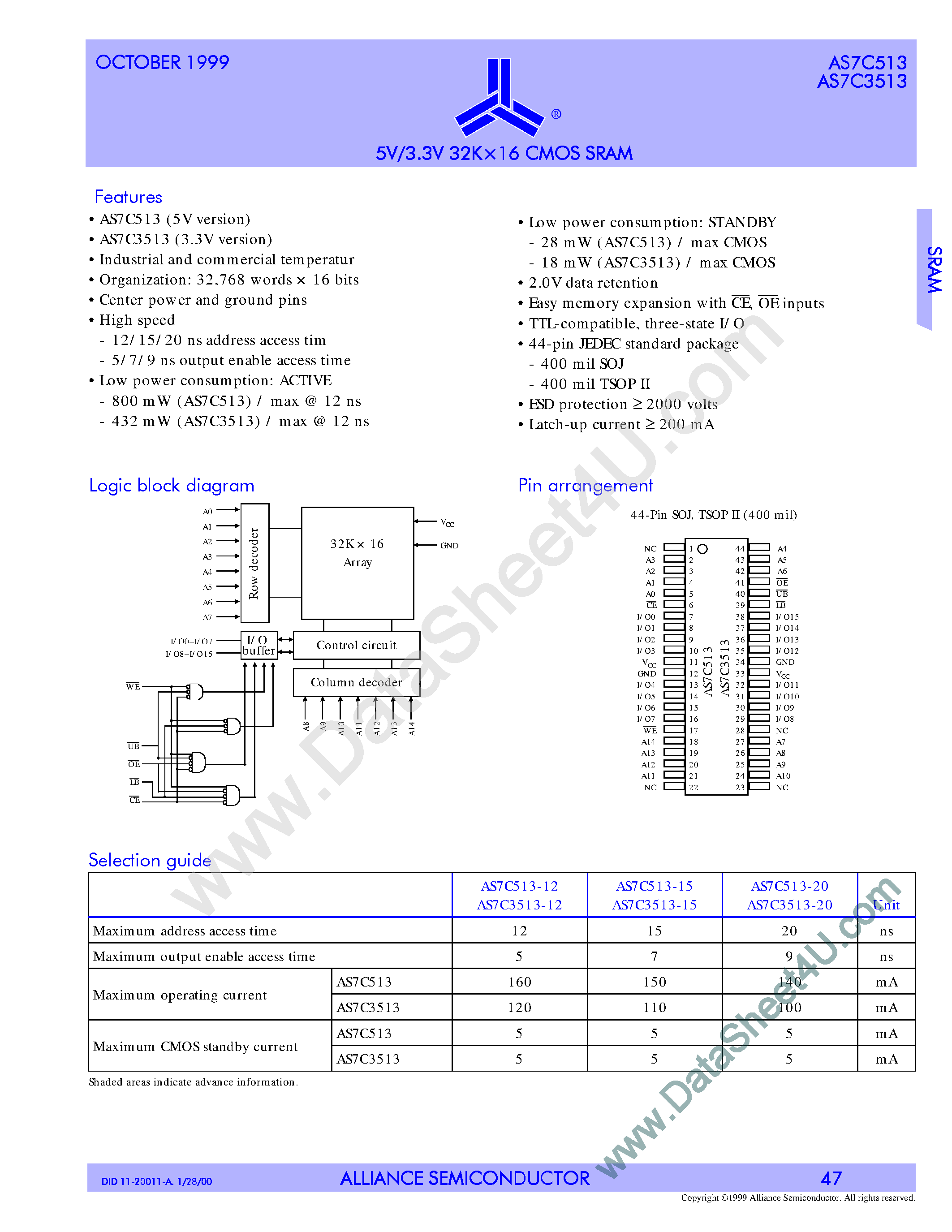 Datasheet AS7C3513 page 1 Datasheet AS7C3513 - 5V/3.3V 32Kx6 CMOS SRAM page 1