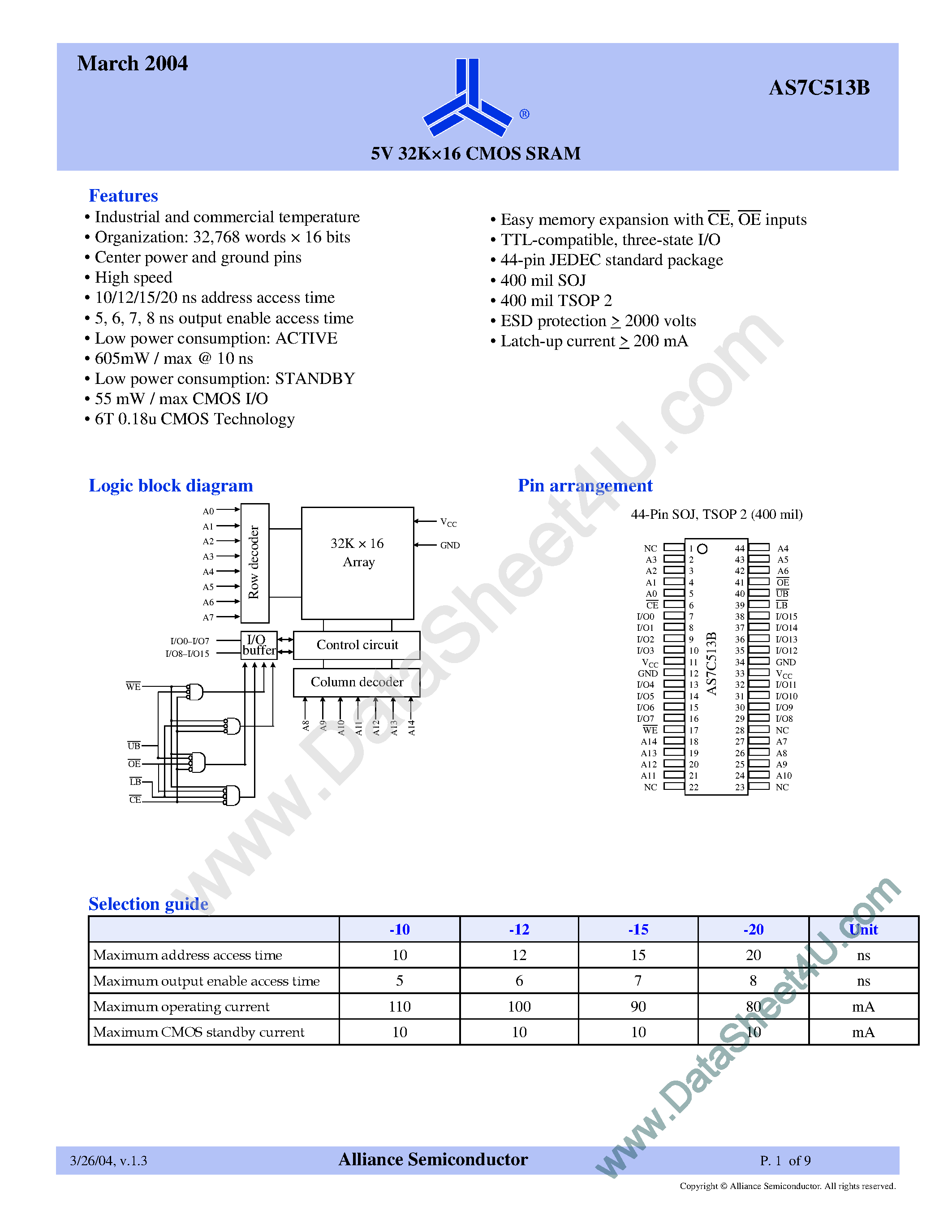 Даташит AS7C513B - 5V 32K x 16 CMOS SRAM страница 1