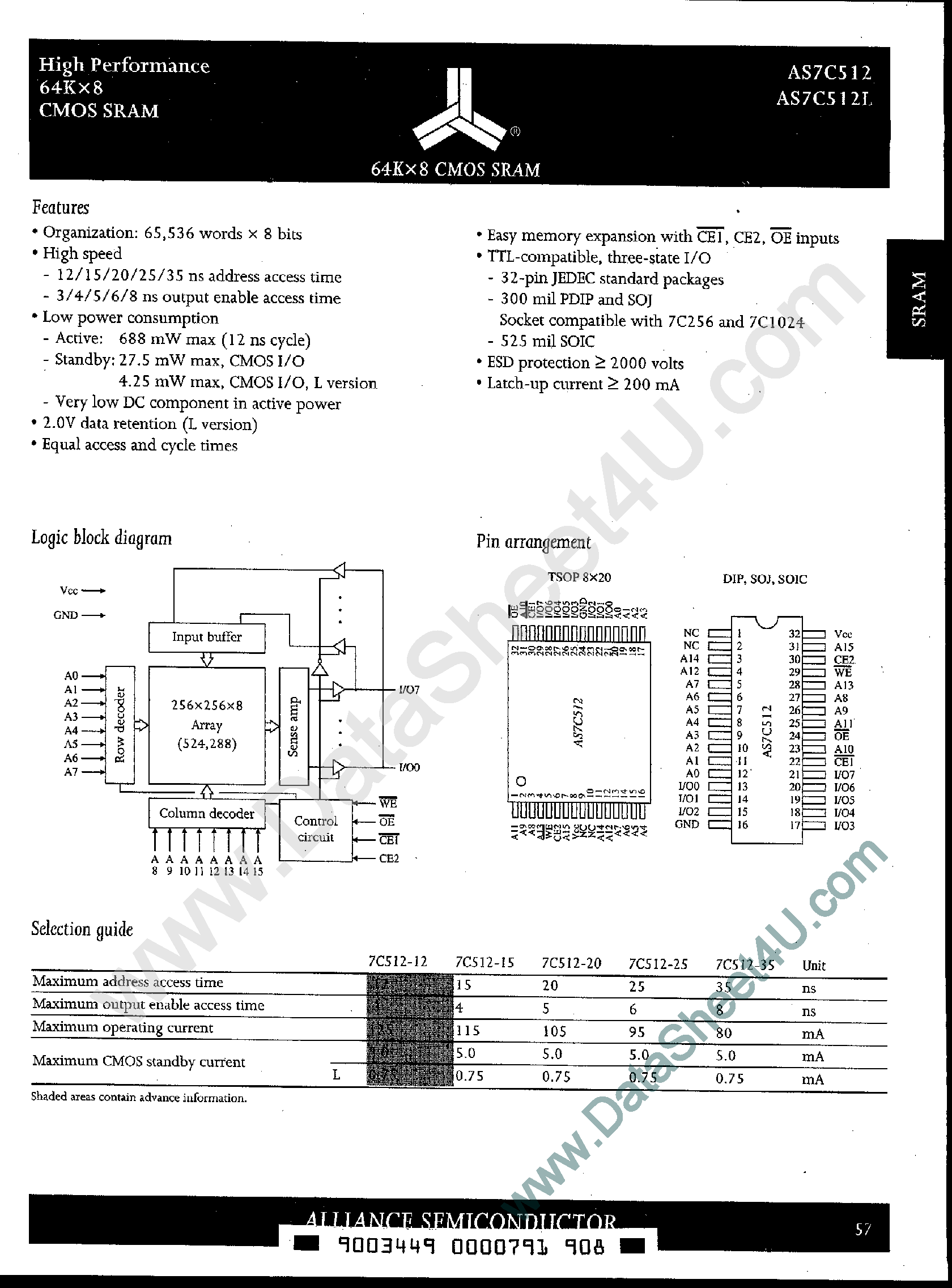 Даташит на микросхему AS7C512 страница 1 Даташит AS7C512 - 64K x 8 CMOS SRAM страница 1