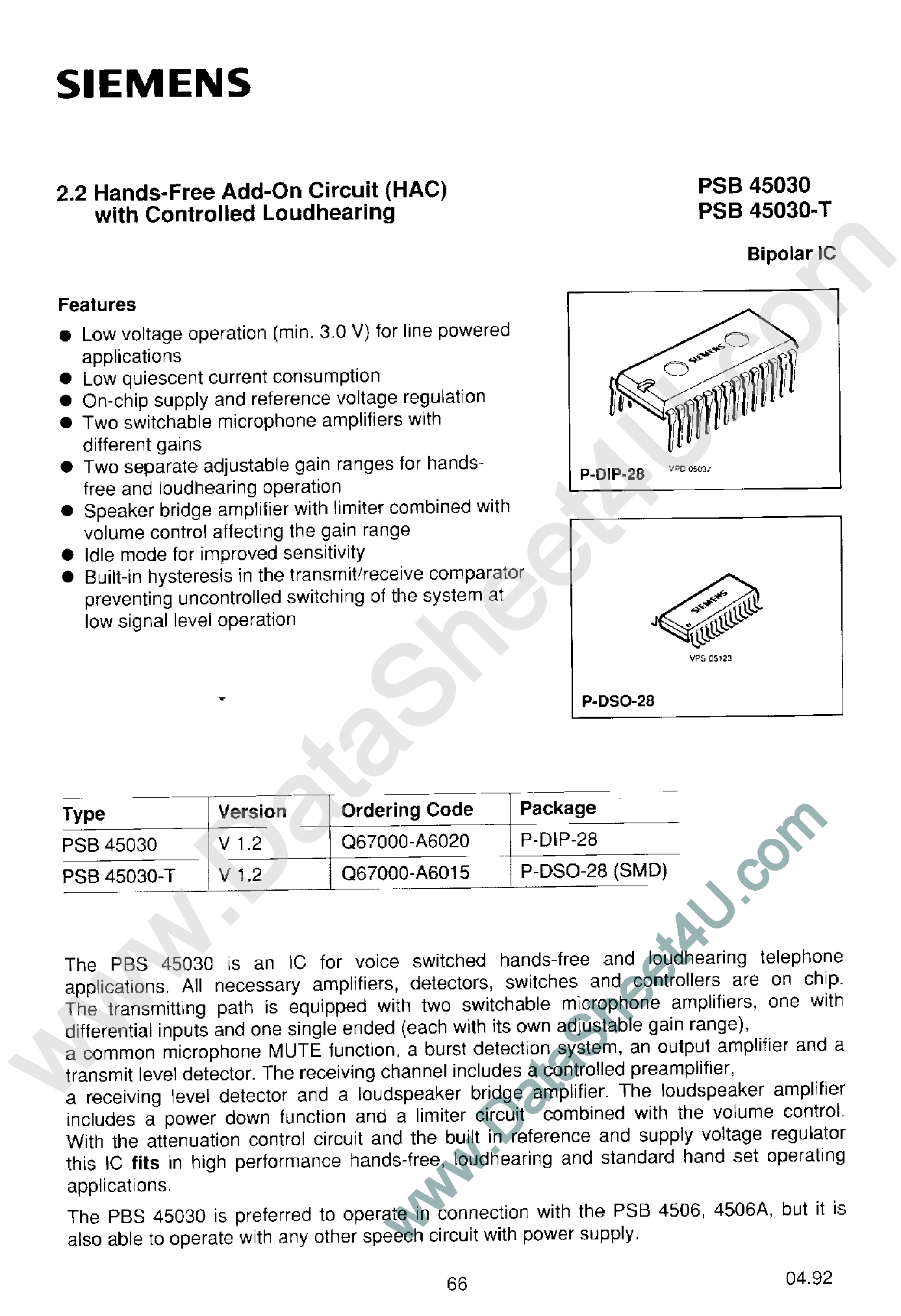 Datasheet PSB45030 page 1 Datasheet PSB45030 - 2.2 Hands Free Add On Circuit page 1