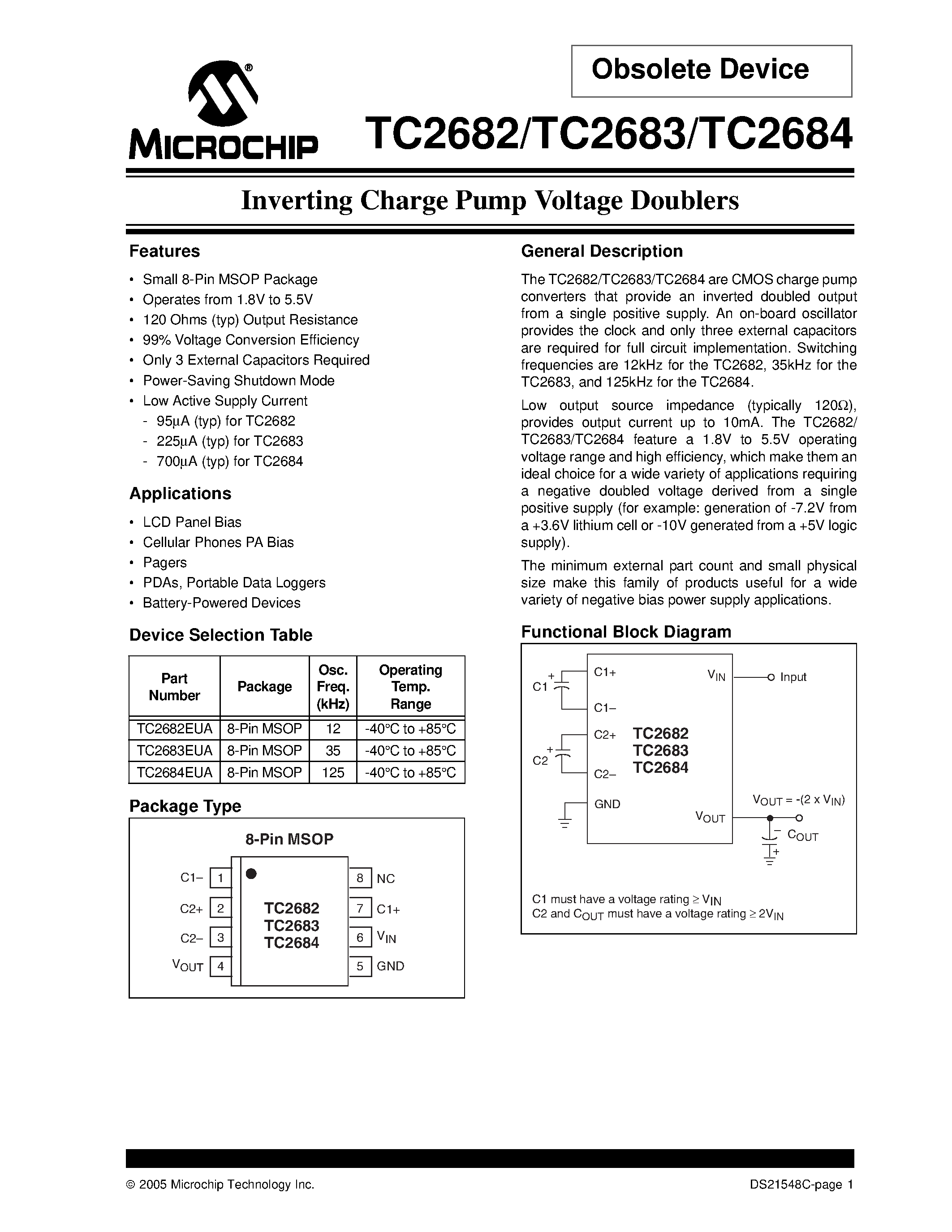 Даташит TC2682 - (TC2682 - TC2684) Inverting Charge Pump Voltage Doublers страница 1
