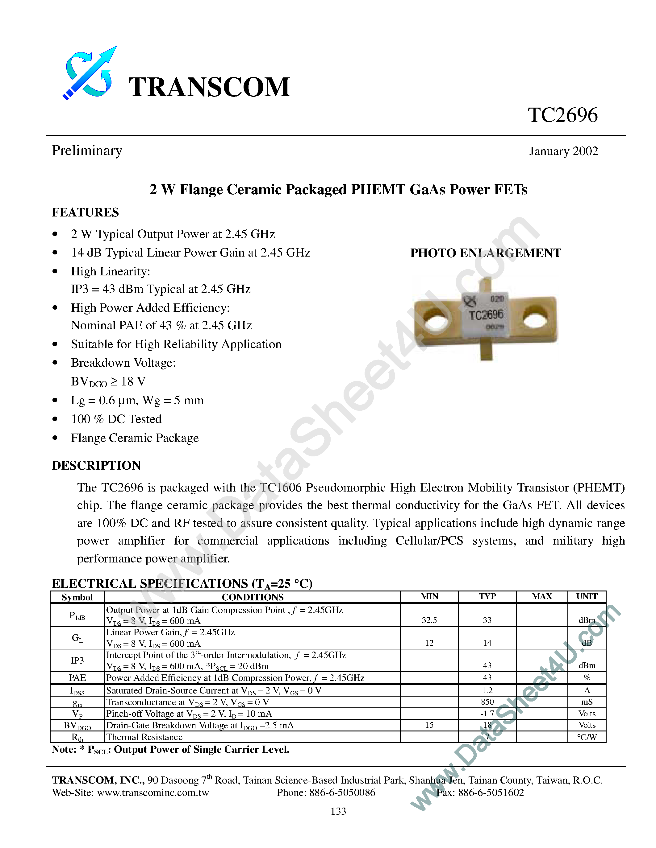 Datasheet TC2696 page 1 Datasheet TC2696 - 2 W Flange Ceramic Packaged PHEMT GaAs Power FETs page 1