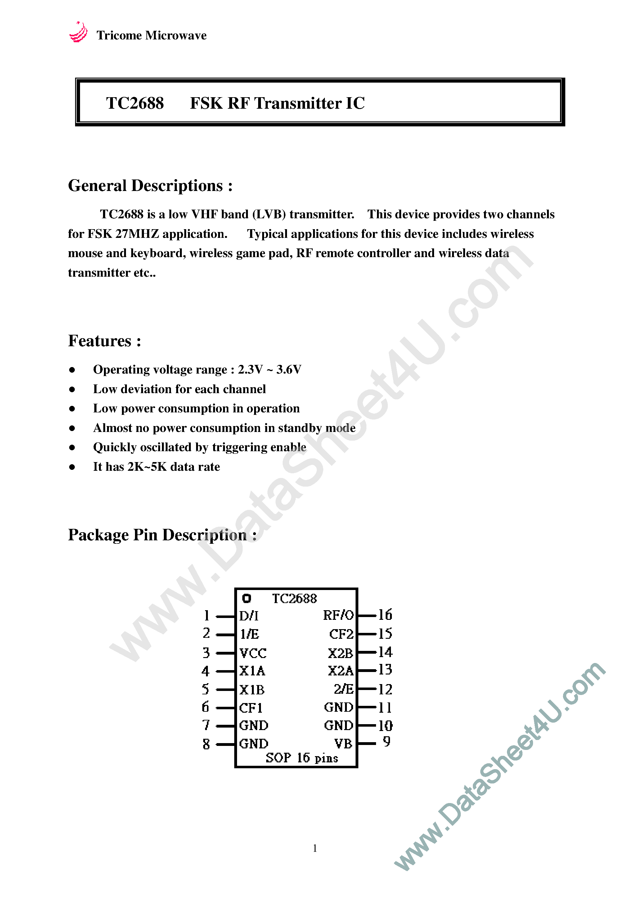 Datasheet TC2688 - FSK RF Transmitter IC page 1
