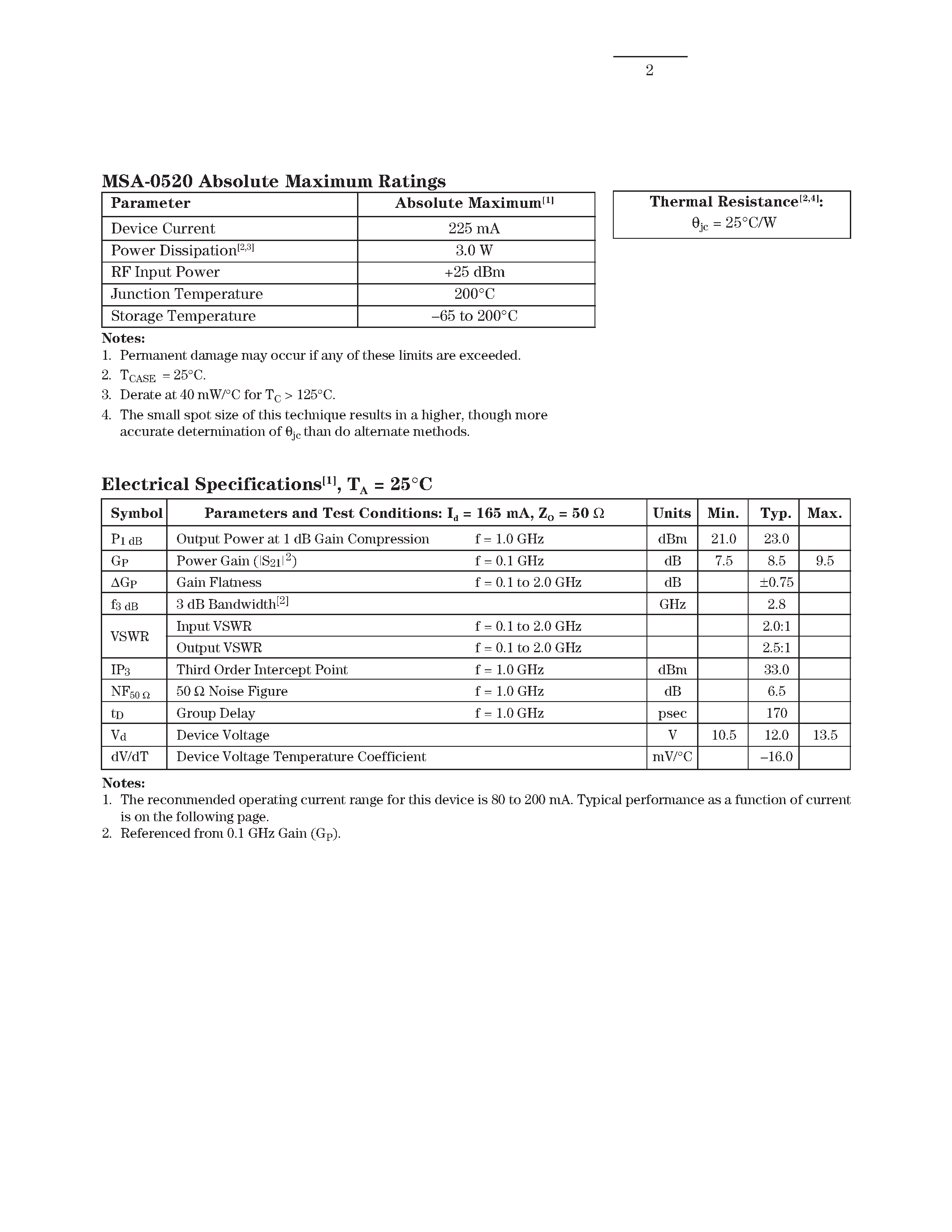 Datasheet MSA-0520 page 2 Datasheet MSA-0520 - Cascadable Silicon Bipolar MMIC Amplifier page 2