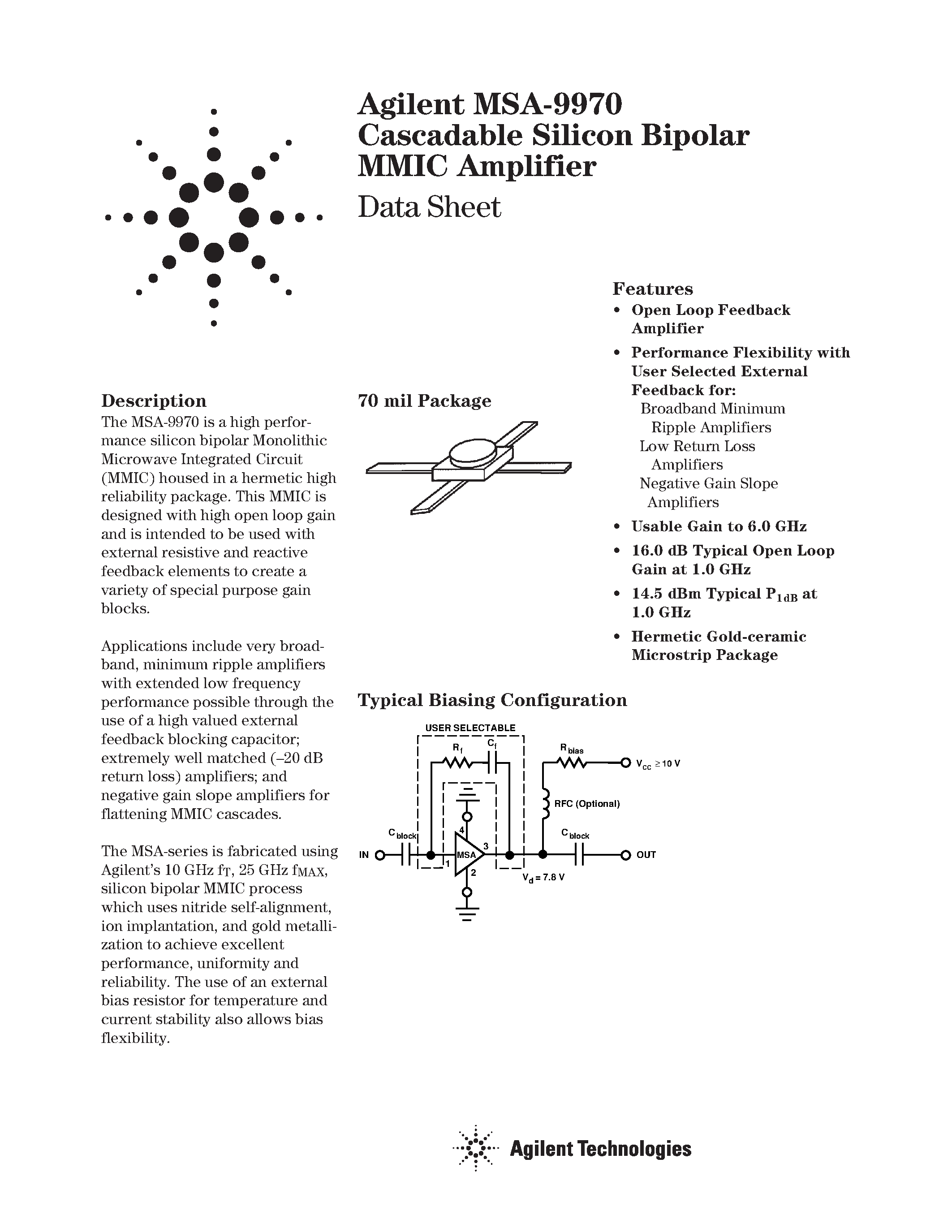Datasheet MSA-9970 page 1 Datasheet MSA-9970 - Cascadable Silicon Bipolar MMIC Amplifier page 1