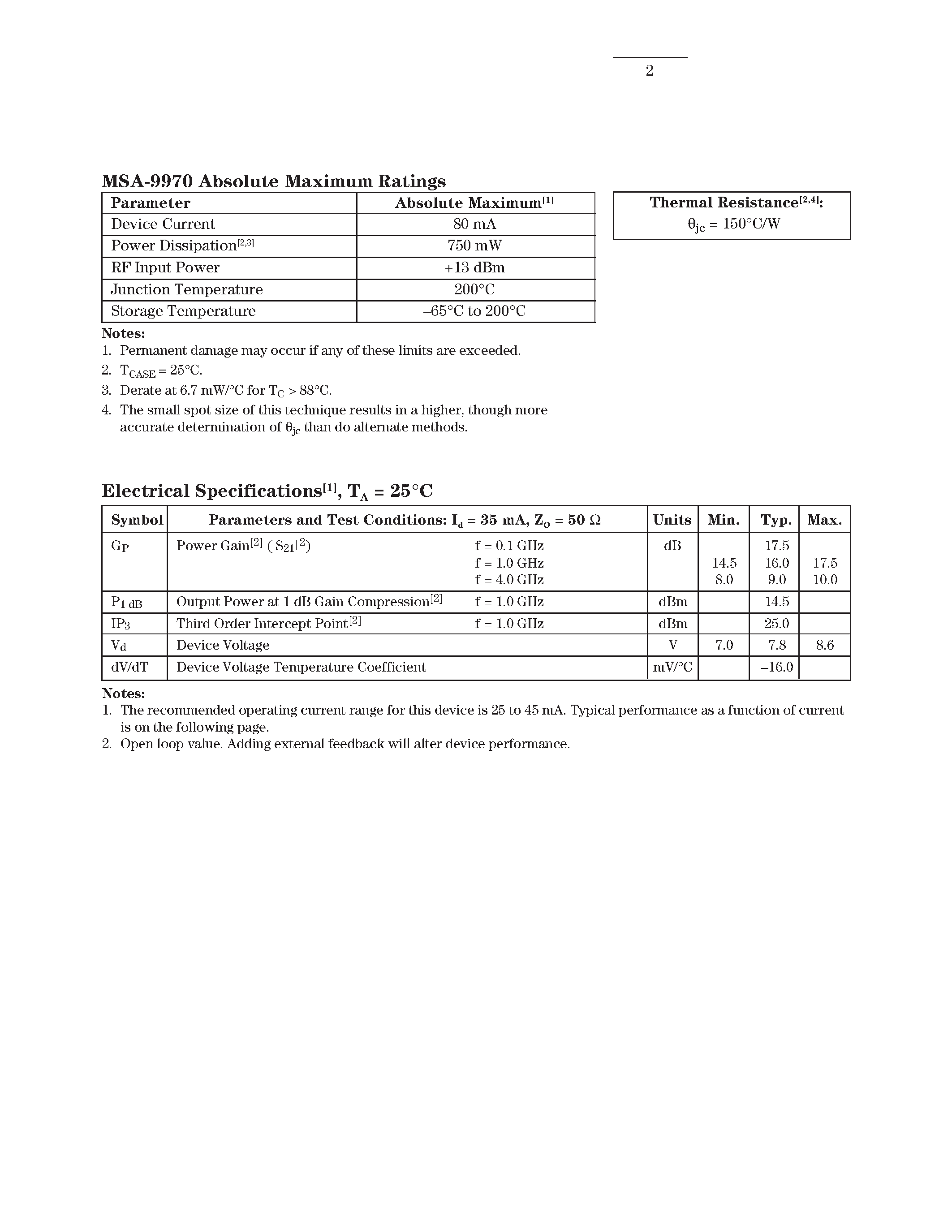 Datasheet MSA-9970 page 2 Datasheet MSA-9970 - Cascadable Silicon Bipolar MMIC Amplifier page 2