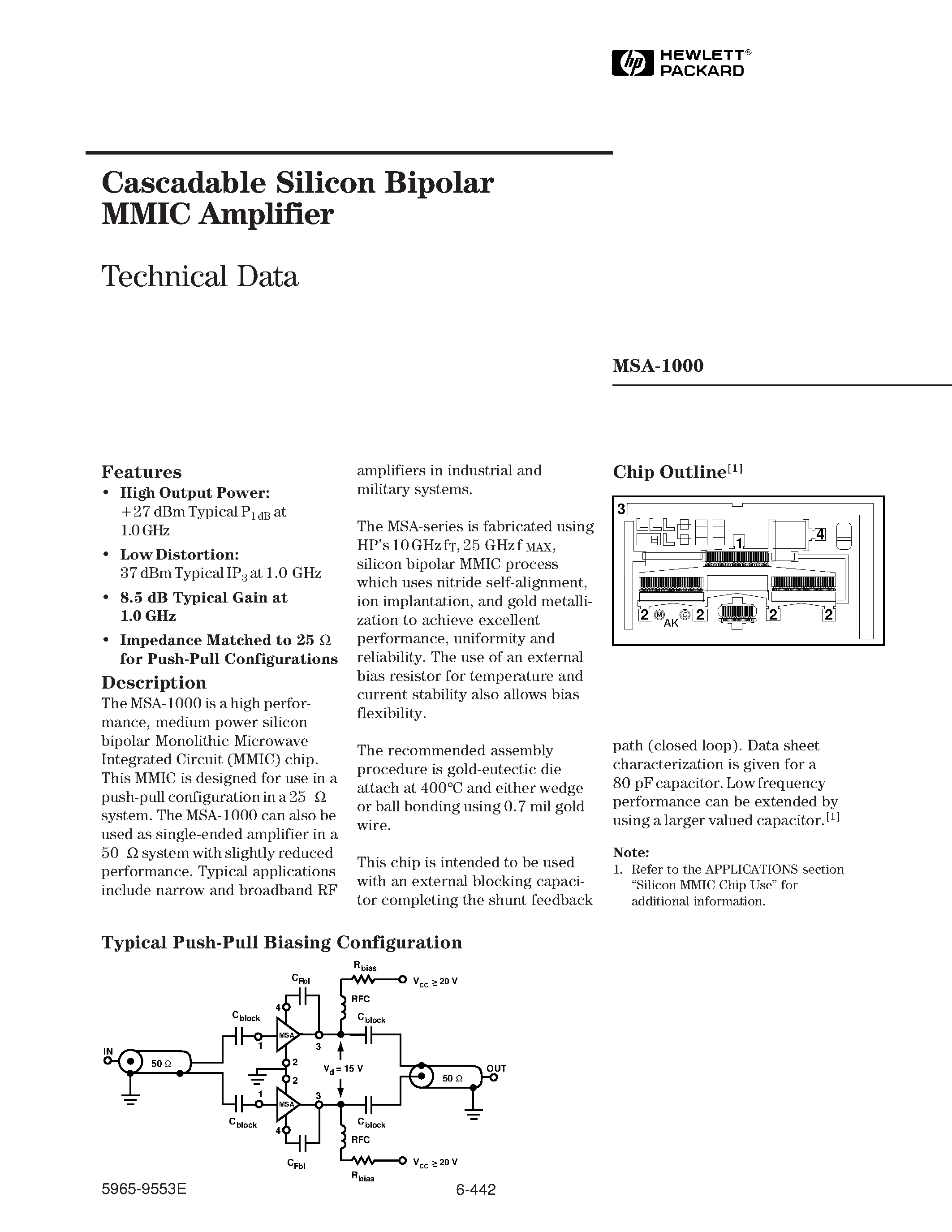 Datasheet MSA-1000 - Cascadable Silicon Bipolar MMIC Amplifier page 1