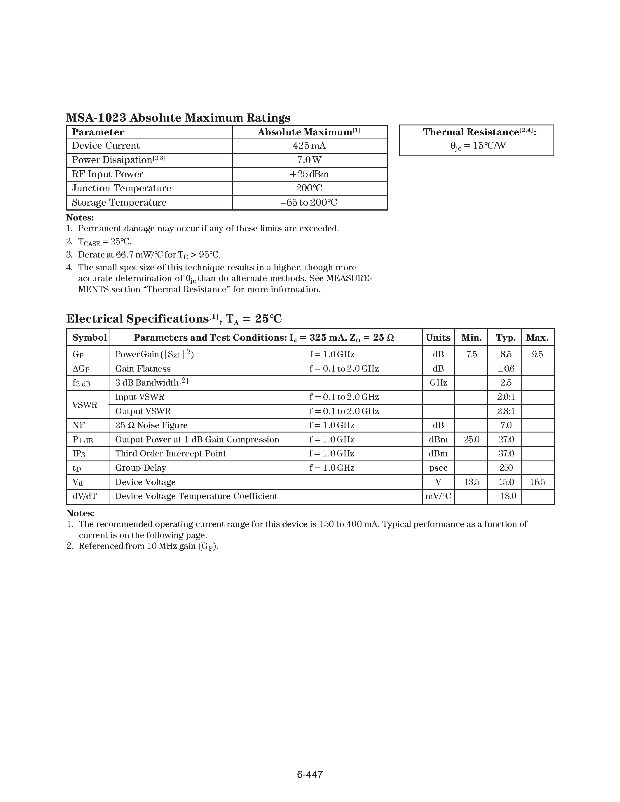 Datasheet MSA-1023 page 2 Datasheet MSA-1023 - Cascadable Silicon Bipolar MMIC Amplifier page 2
