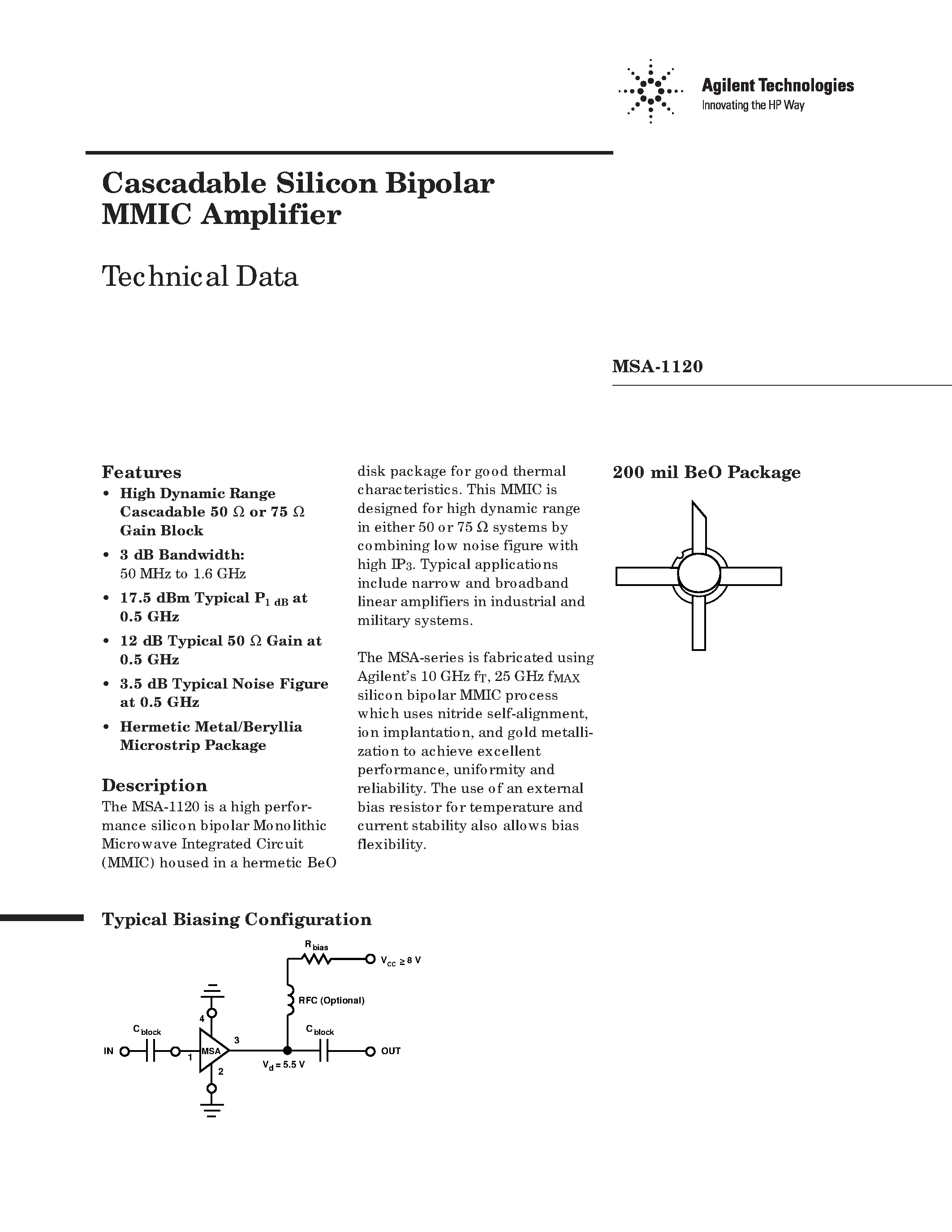 Datasheet MSA-1120 - Cascadable Silicon Bipolar MMIC Amplifier page 1