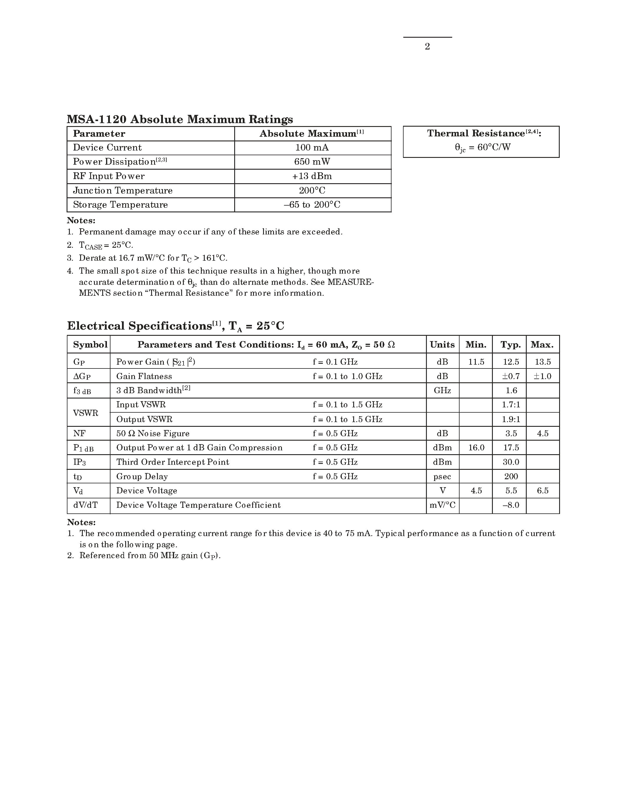 Datasheet MSA-1120 - Cascadable Silicon Bipolar MMIC Amplifier page 2