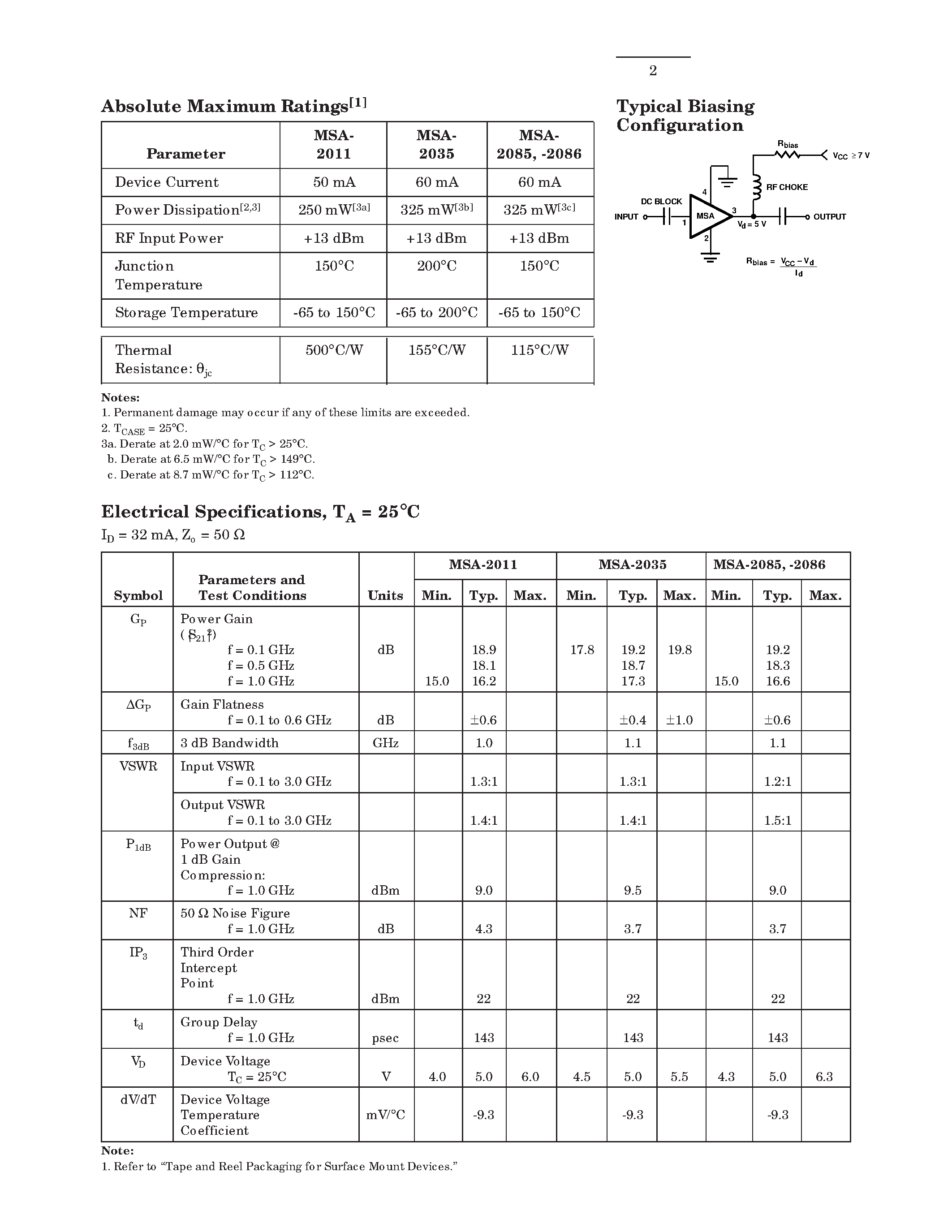 Даташит MSA-2011 - (MSA-20xx) Cascadable Silicon Bipolar MMIC Amplifier страница 2