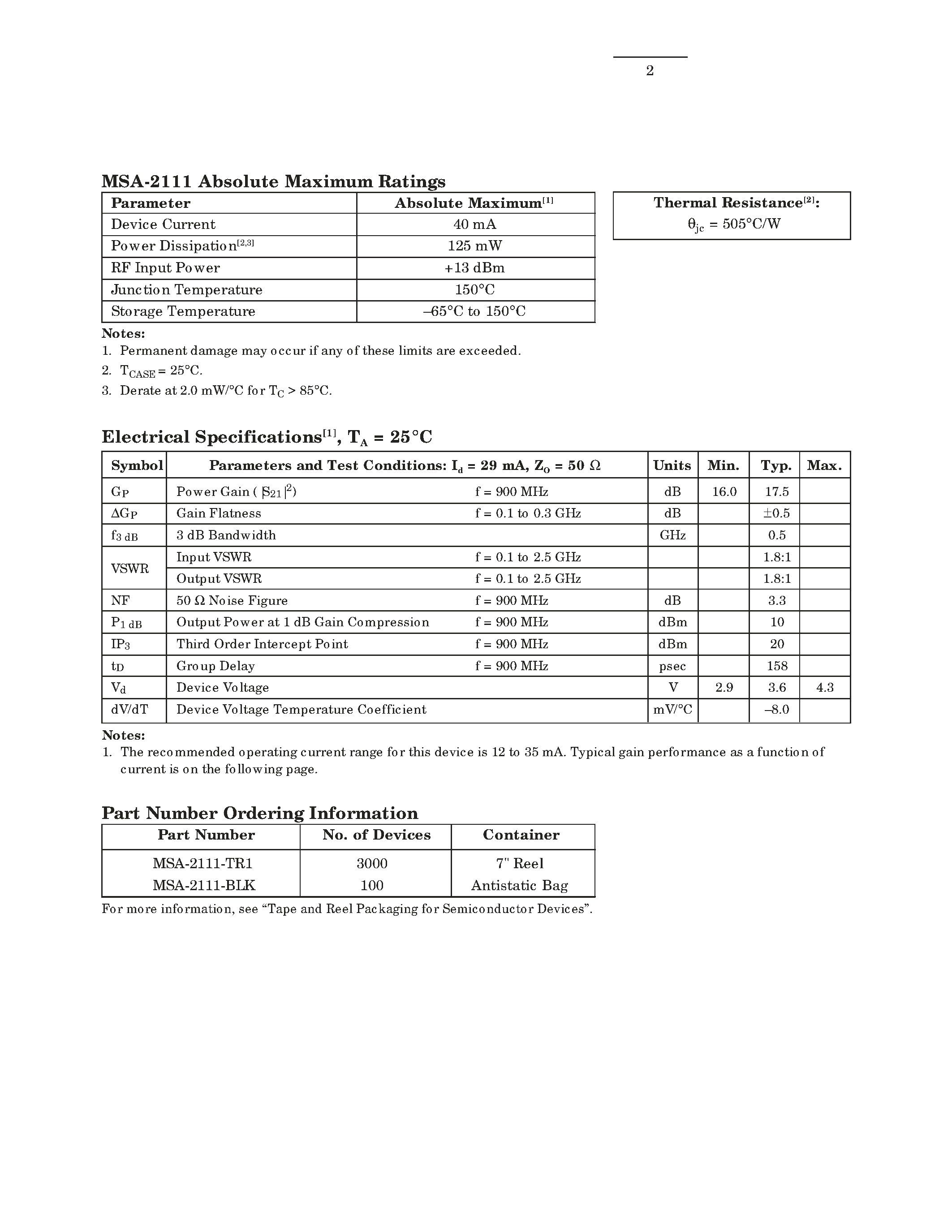 Datasheet MSA-2111 page 2 Datasheet MSA-2111 - Cascadable Silicon Bipolar MMIC Amplifier page 2