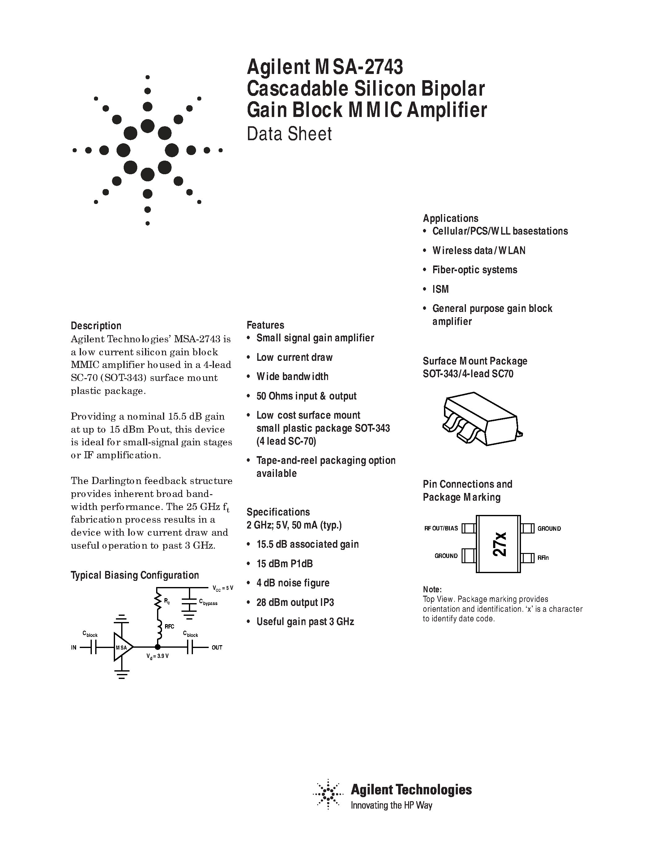 Datasheet MSA-2743 page 1 Datasheet MSA-2743 - Cascadable Silicon Bipolar MMIC Amplifier page 1