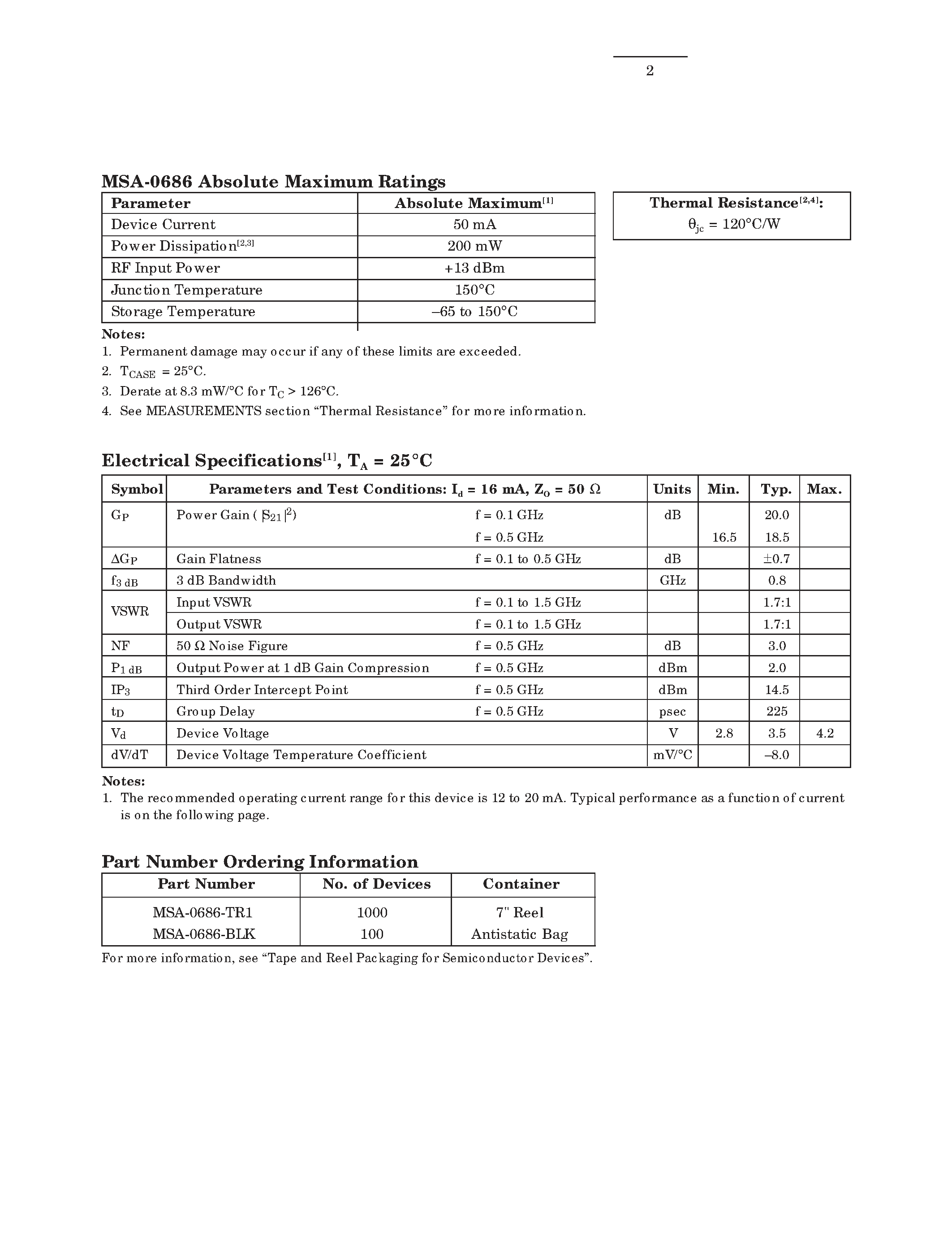 Datasheet MSA-0686 page 2 Datasheet MSA-0686 - Cascadable Silicon Bipolar MMIC Amplifier page 2