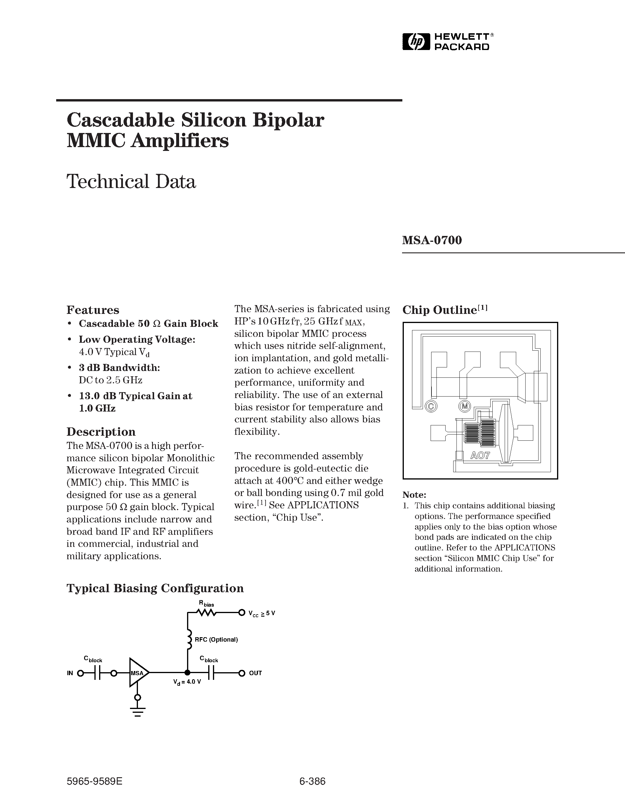 Datasheet MSA-0700 page 1 Datasheet MSA-0700 - Cascadable Silicon Bipolar MMIC Amplifier page 1