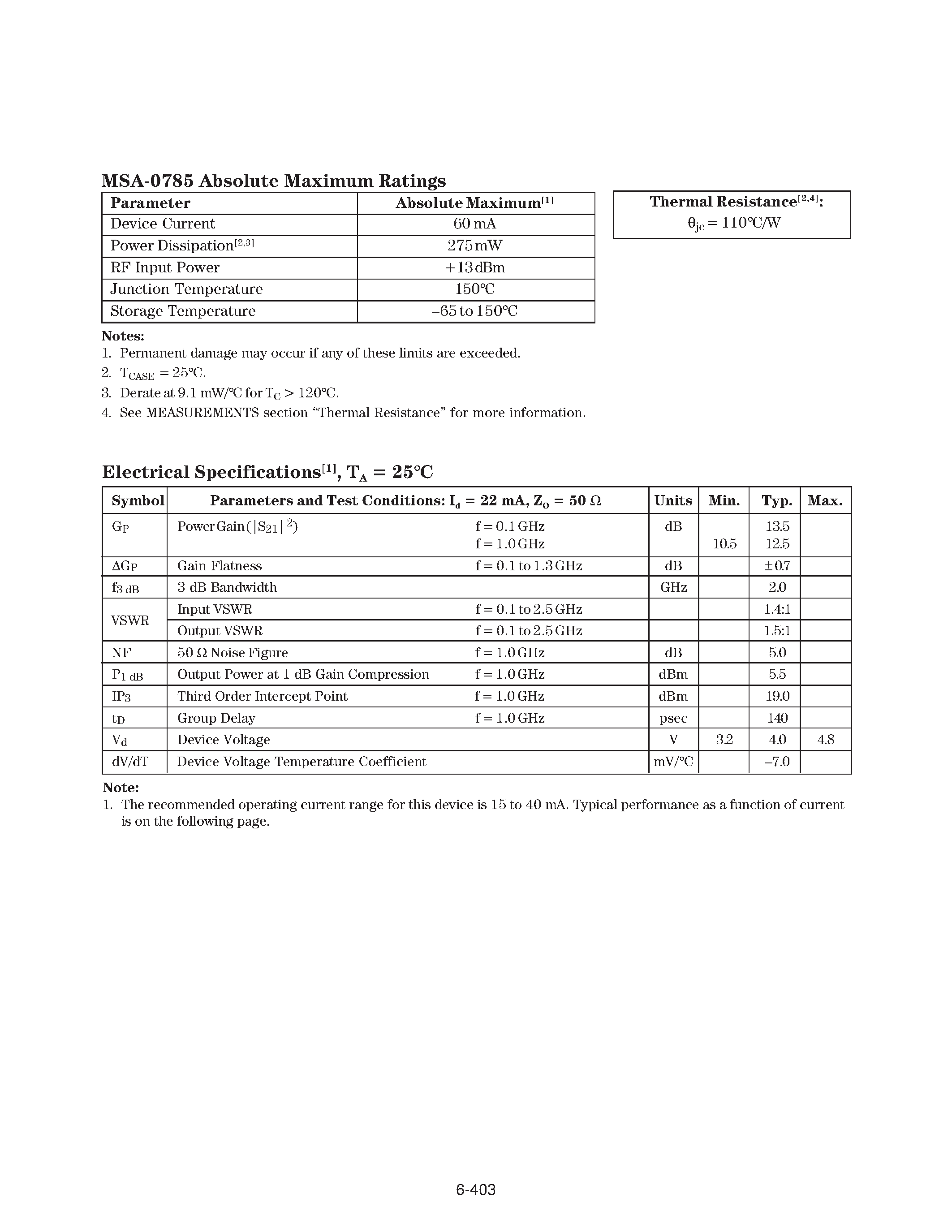 Datasheet MSA-0785 page 2 Datasheet MSA-0785 - Cascadable Silicon Bipolar MMIC Amplifier page 2