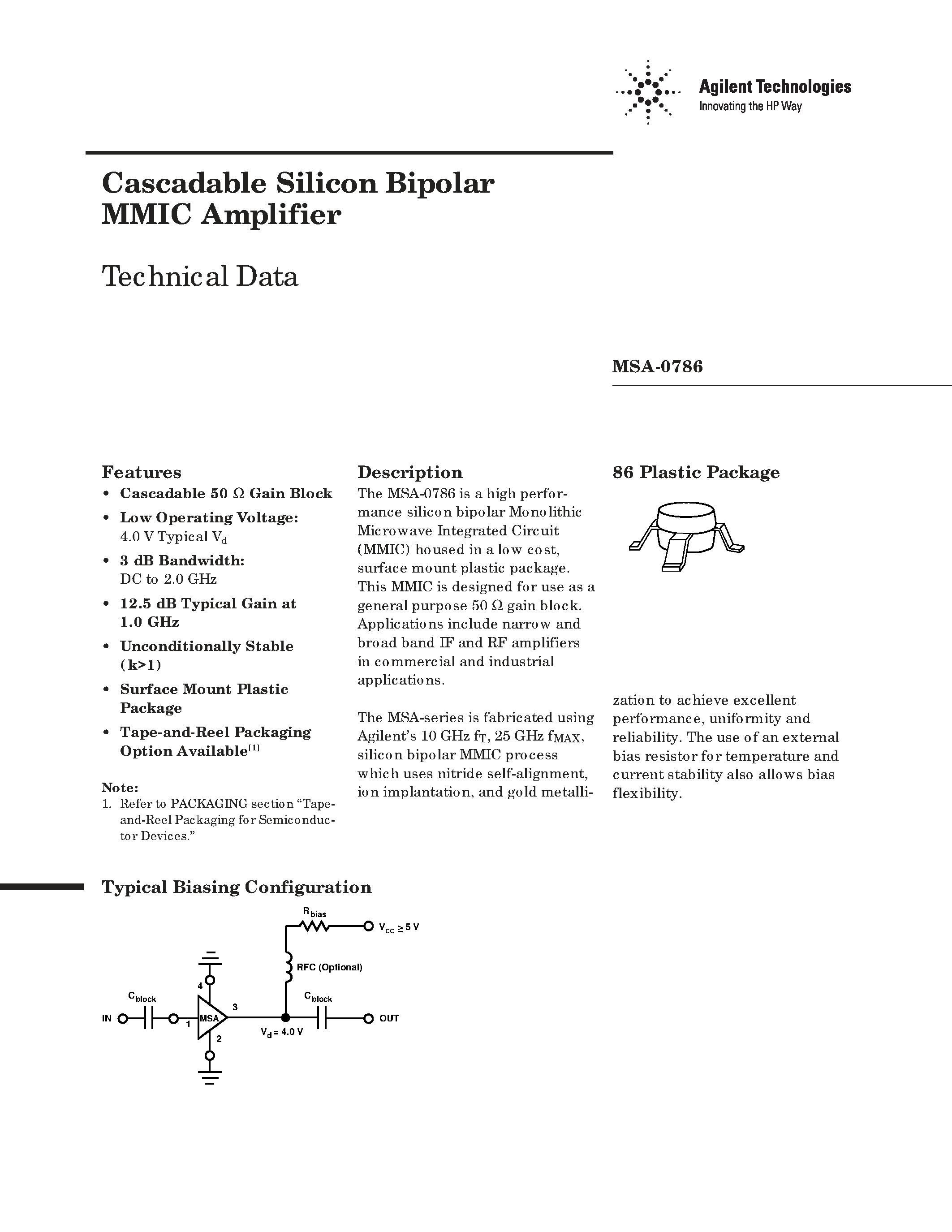 Даташит MSA-0786 - Cascadable Silicon Bipolar MMIC Amplifier страница 1