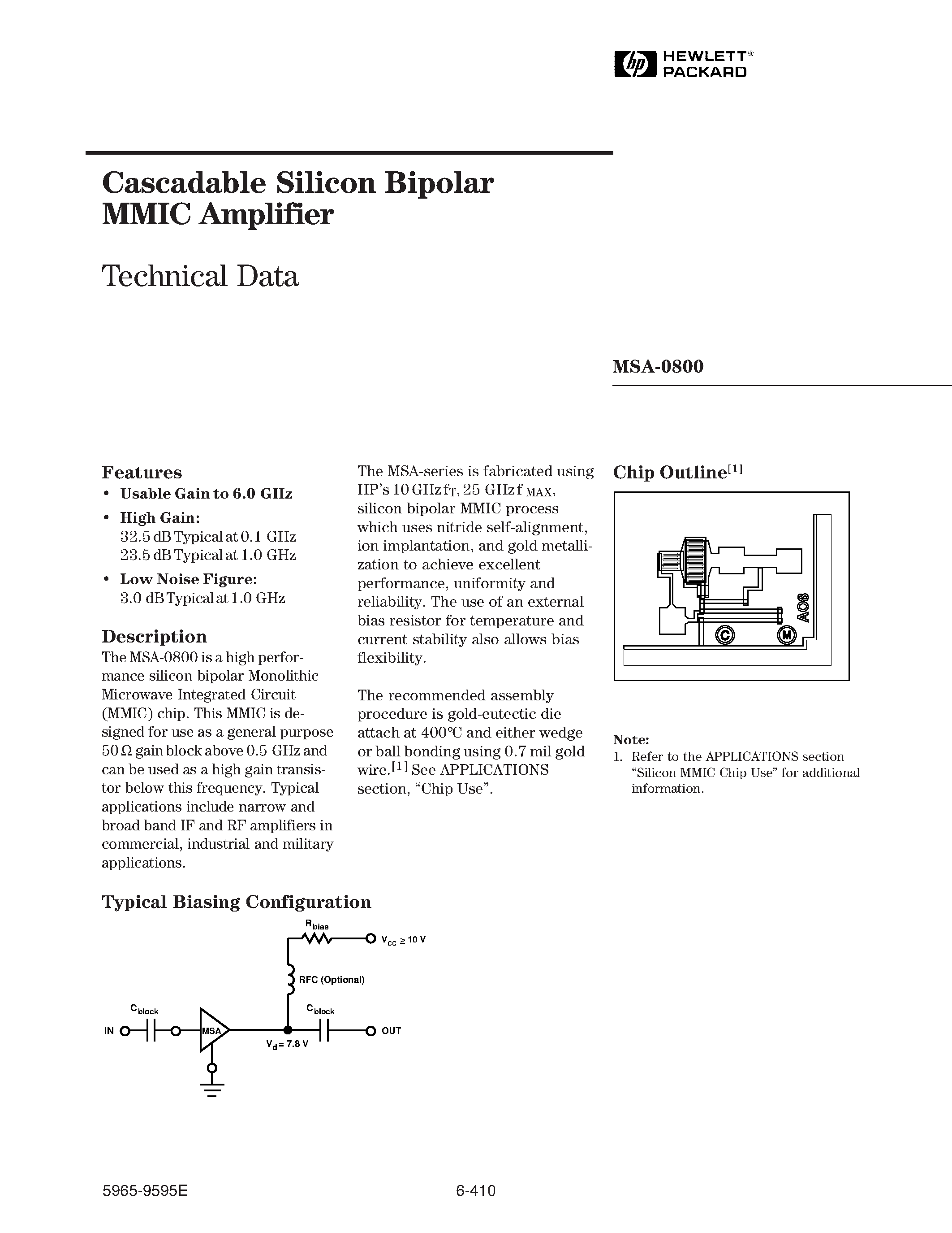 Datasheet MSA-0800 page 1 Datasheet MSA-0800 - Cascadable Silicon Bipolar MMIC Amplifier page 1