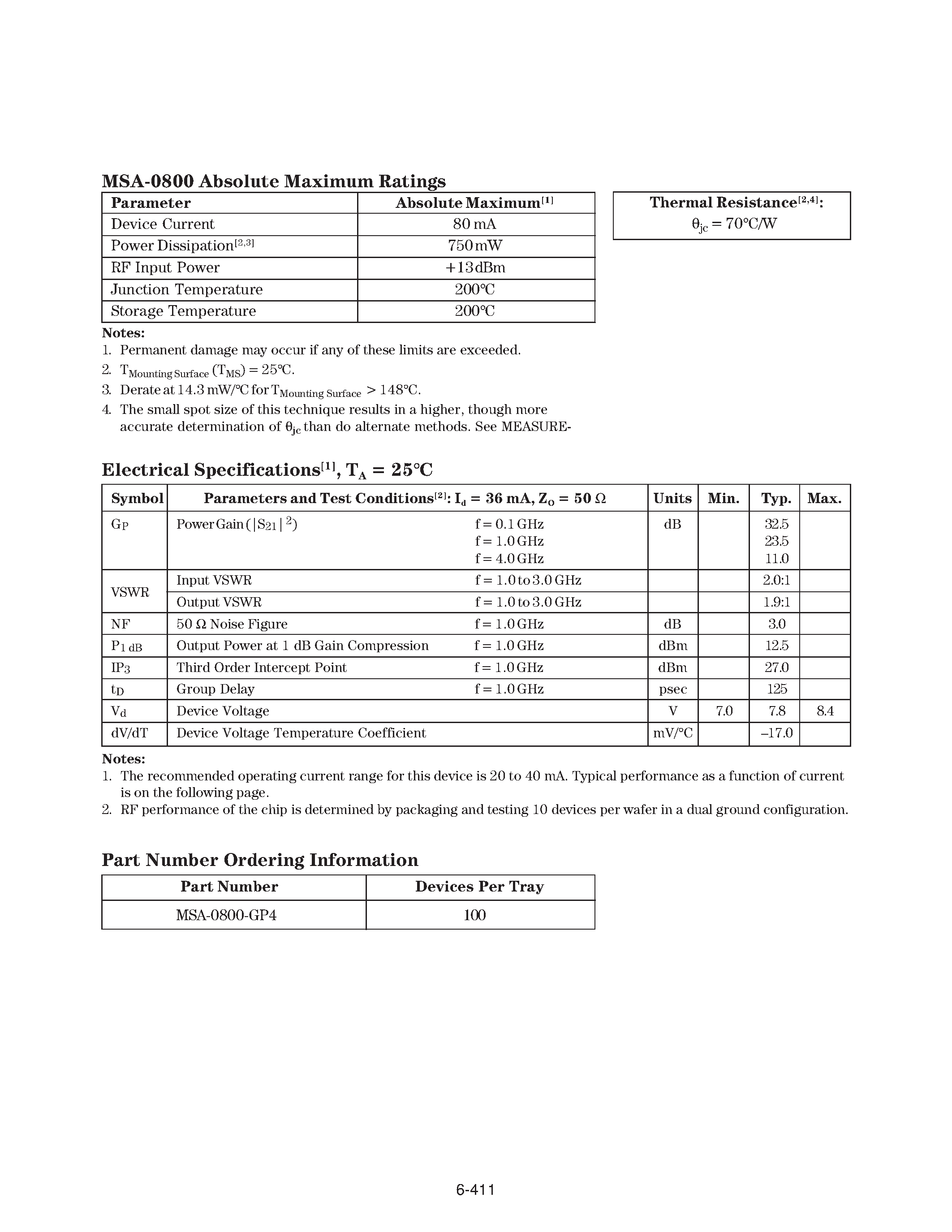Datasheet MSA-0800 page 2 Datasheet MSA-0800 - Cascadable Silicon Bipolar MMIC Amplifier page 2