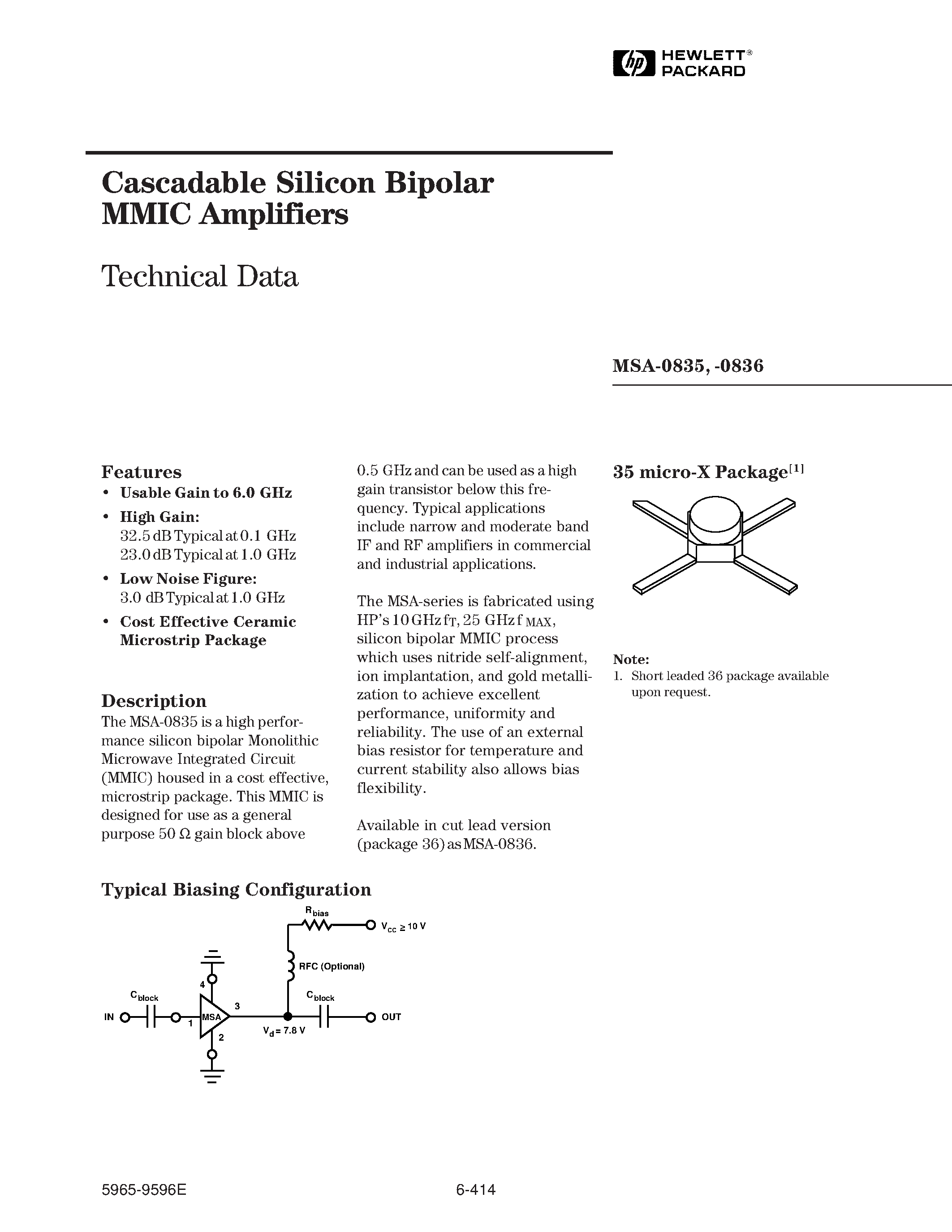 Даташит MSA-0835 - (MSA-0835 / MSA-0836) Cascadable Silicon Bipolar MMIC Amplifier страница 1