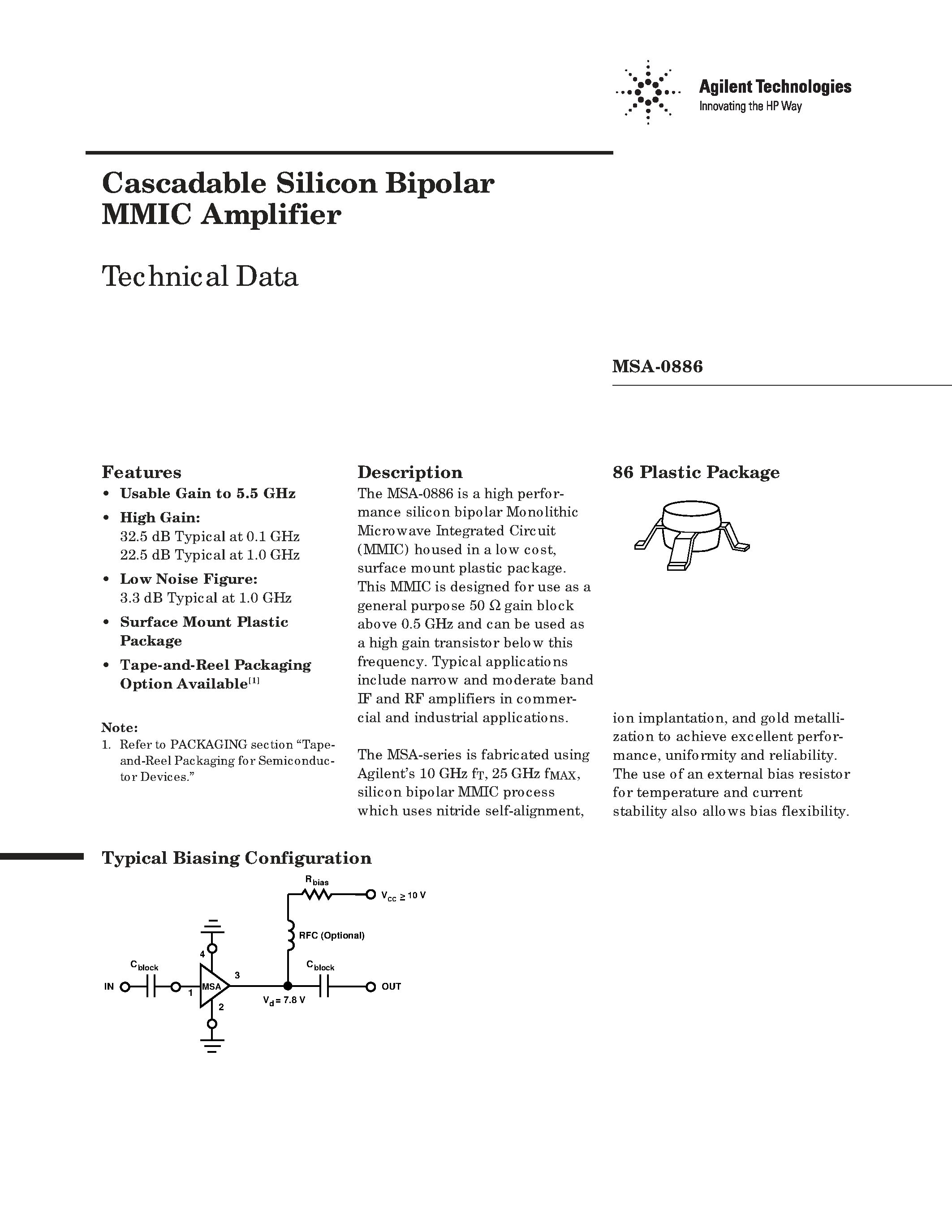 Datasheet MSA-0886 page 1 Datasheet MSA-0886 - Cascadable Silicon Bipolar MMIC Amplifier page 1