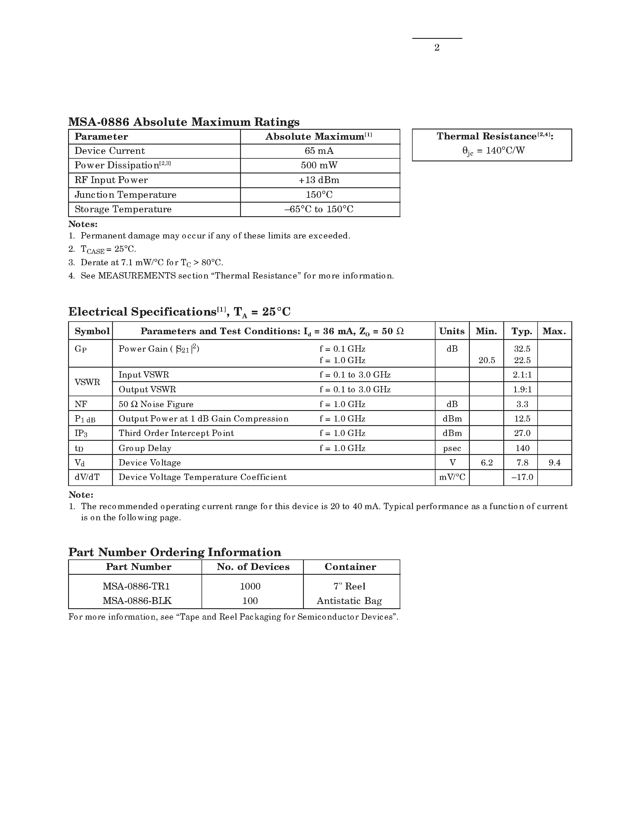 Datasheet MSA-0886 page 2 Datasheet MSA-0886 - Cascadable Silicon Bipolar MMIC Amplifier page 2