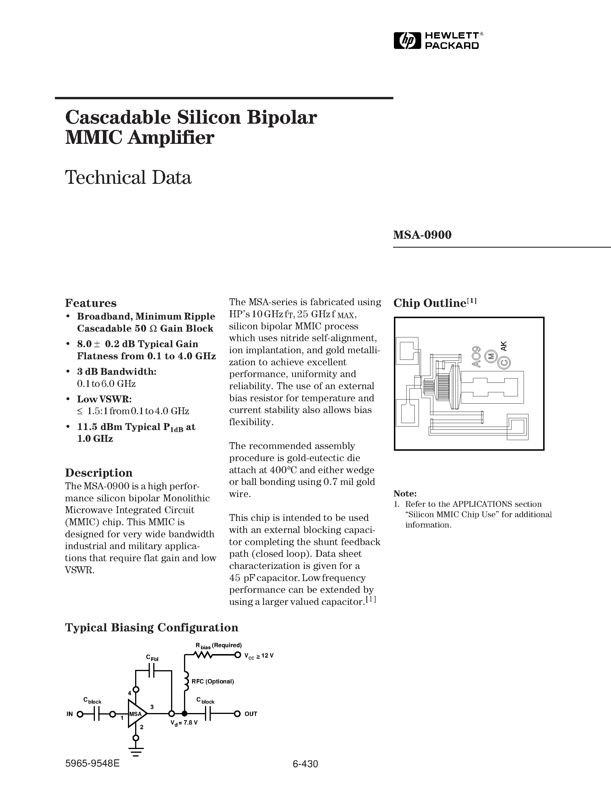 Datasheet MSA-0900 page 1 Datasheet MSA-0900 - Cascadable Silicon Bipolar MMIC Amplifier page 1