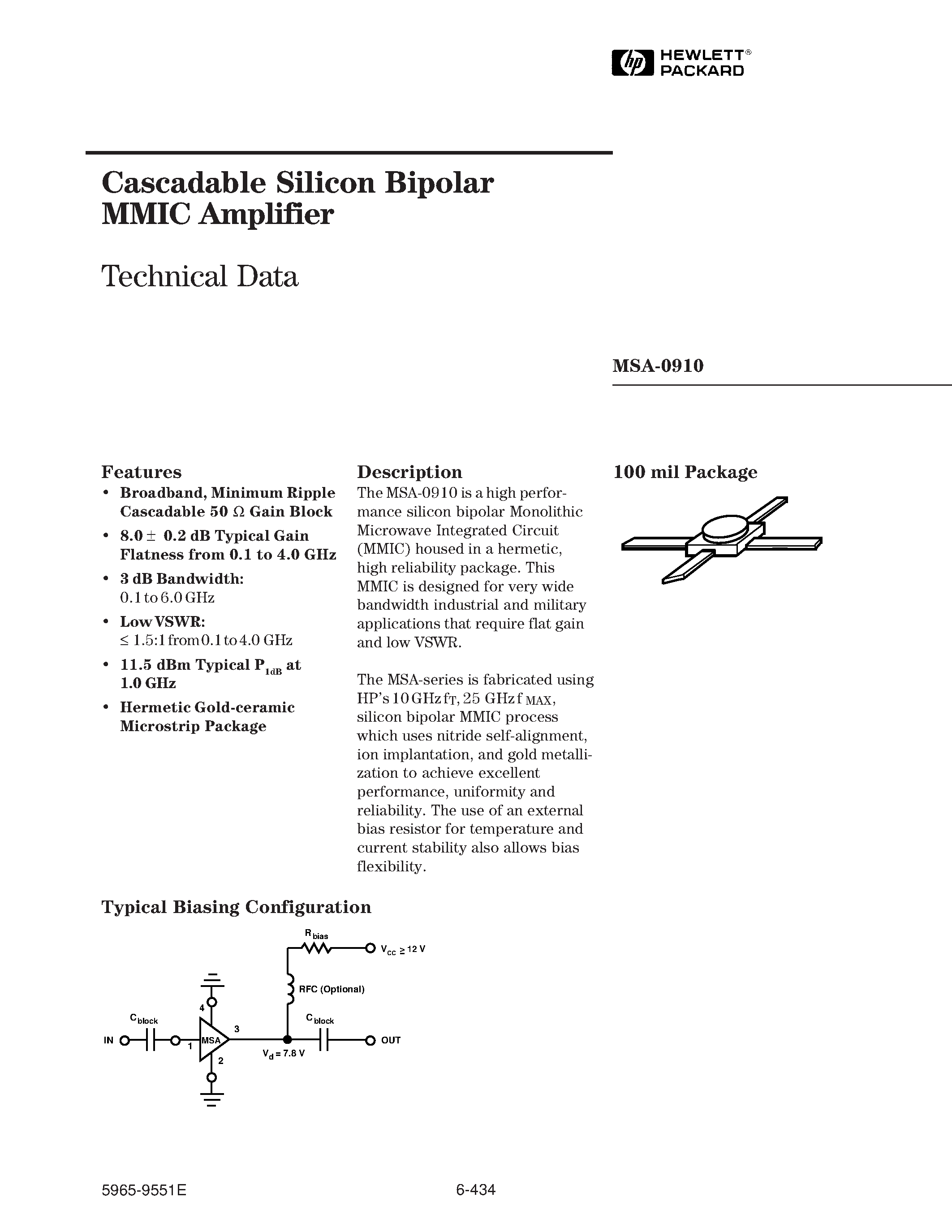 Datasheet MSA-0910 - Cascadable Silicon Bipolar MMIC Amplifier page 1