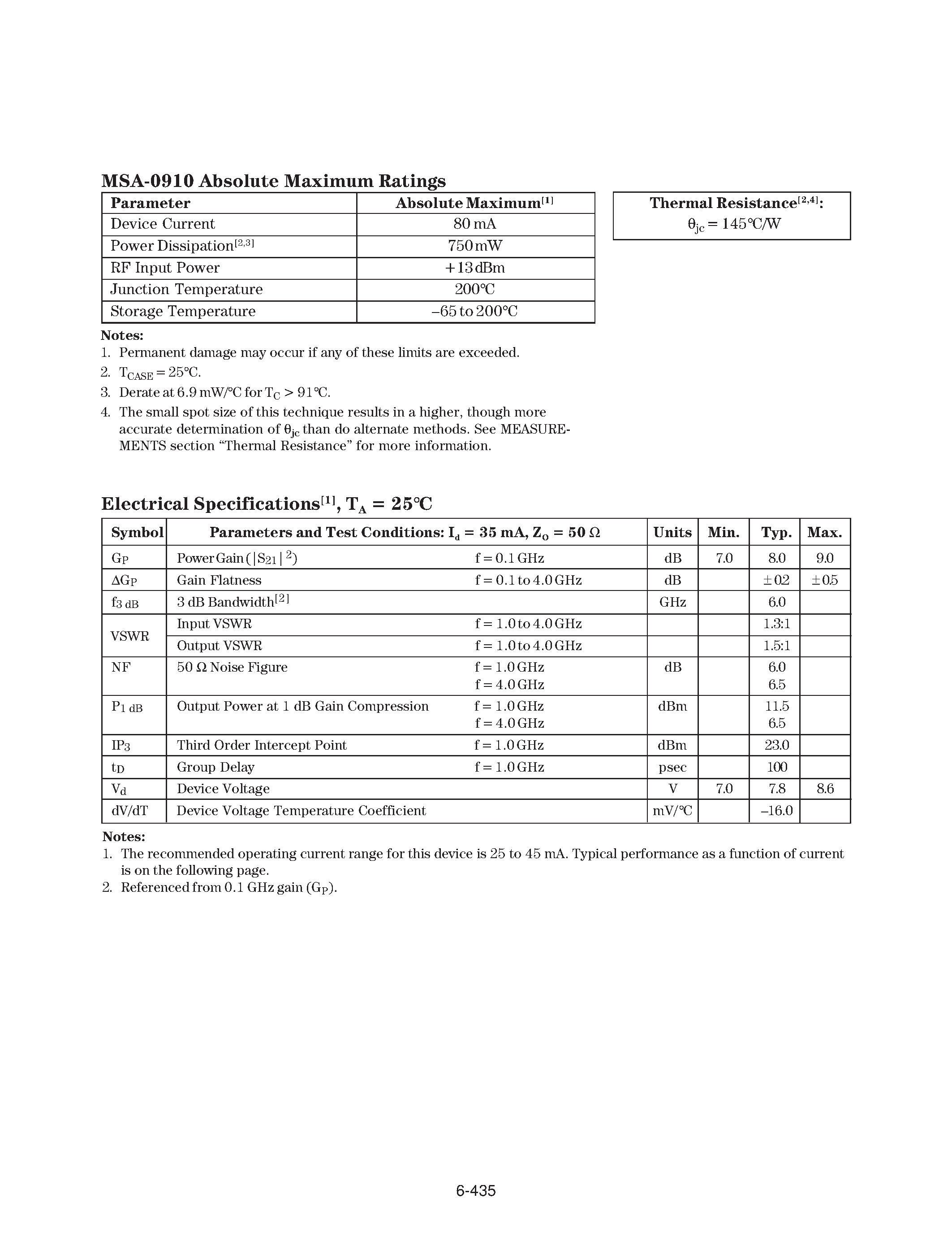Datasheet MSA-0910 - Cascadable Silicon Bipolar MMIC Amplifier page 2