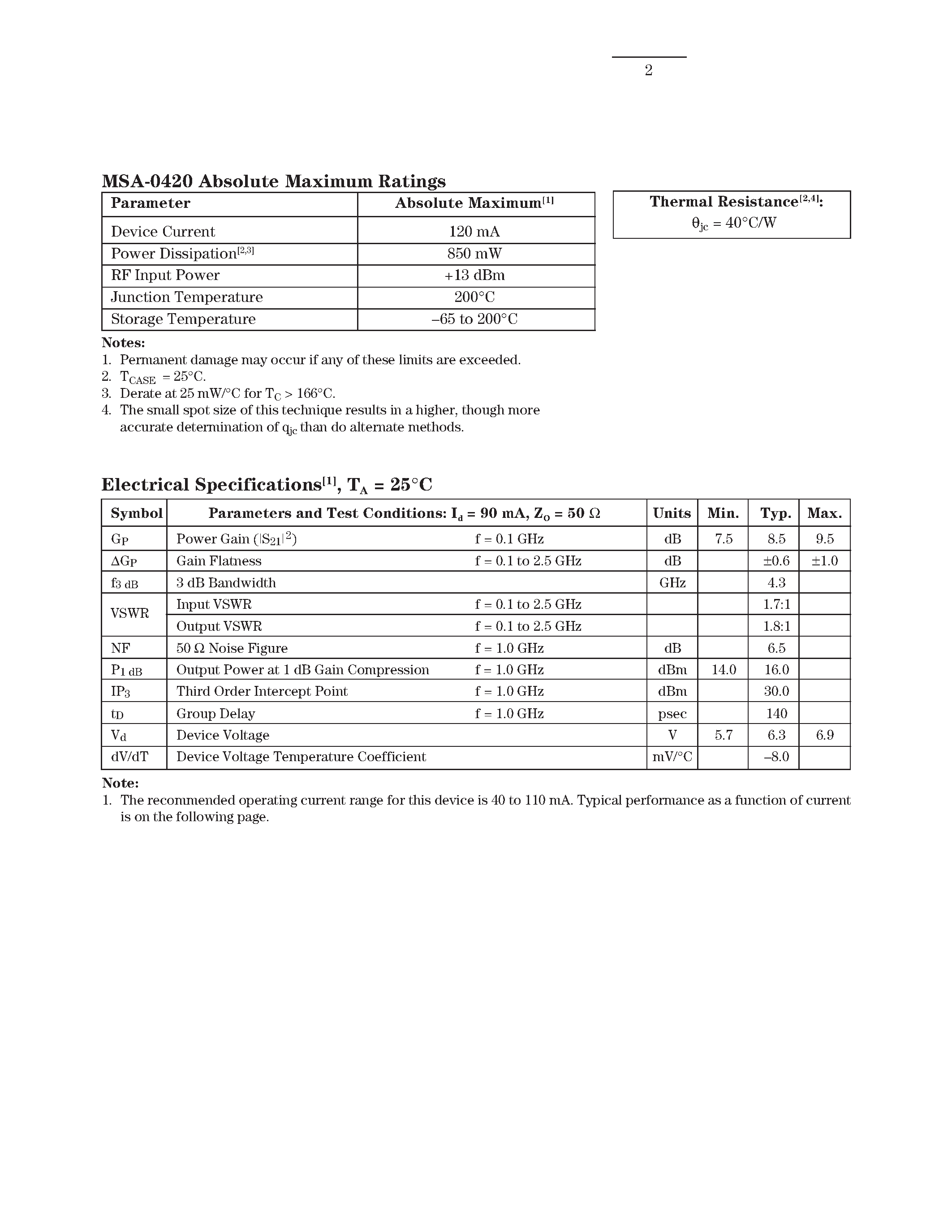 Datasheet MSA-0420 - Cascadable Silicon Bipolar MMIC Amplifier page 2