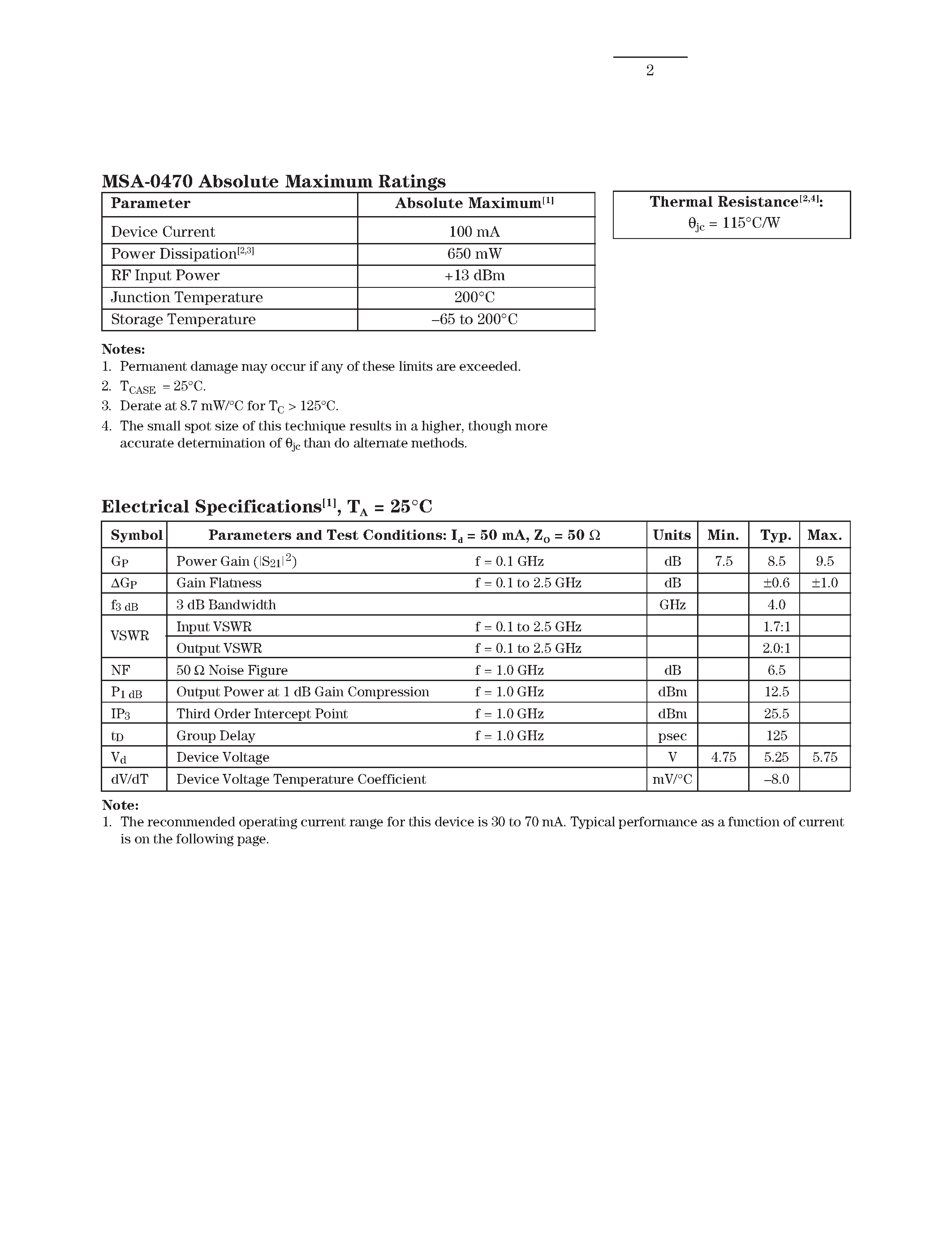 Datasheet MSA-0470 - Cascadable Silicon Bipolar MMIC Amplifier page 2