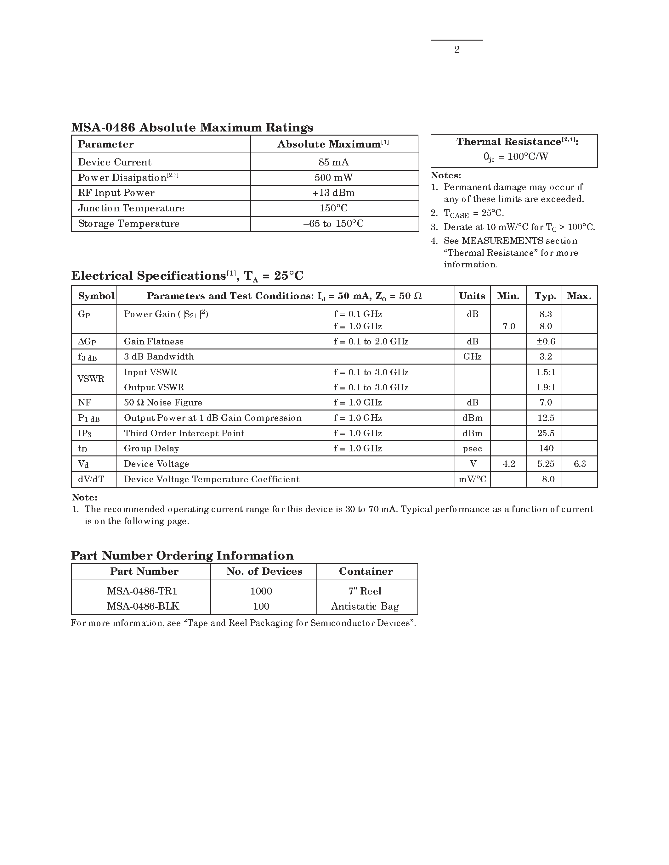Datasheet MSA-0486 - Cascadable Silicon Bipolar MMIC Amplifier page 2