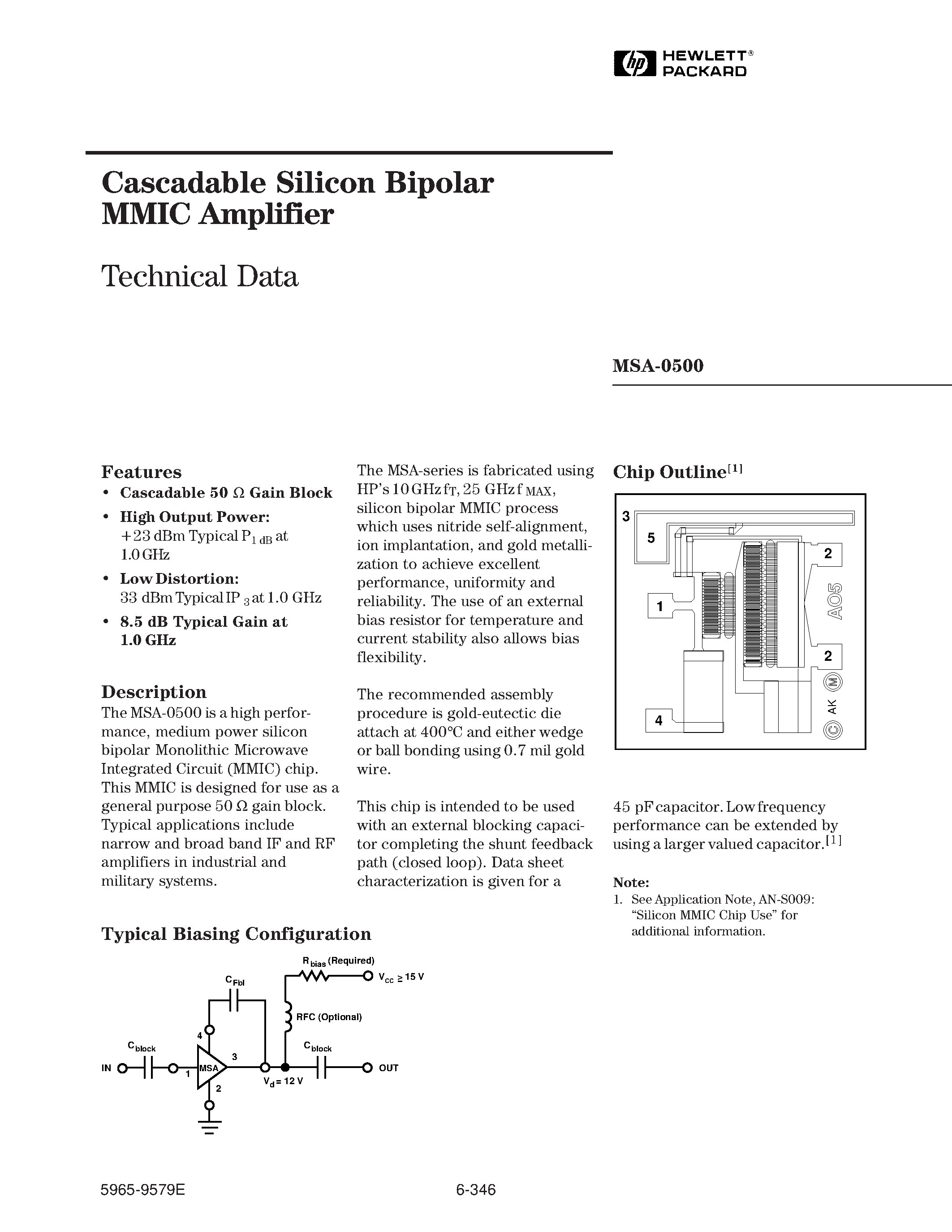 Datasheet MSA-0500 - Cascadable Silicon Bipolar MMIC Amplifier page 1