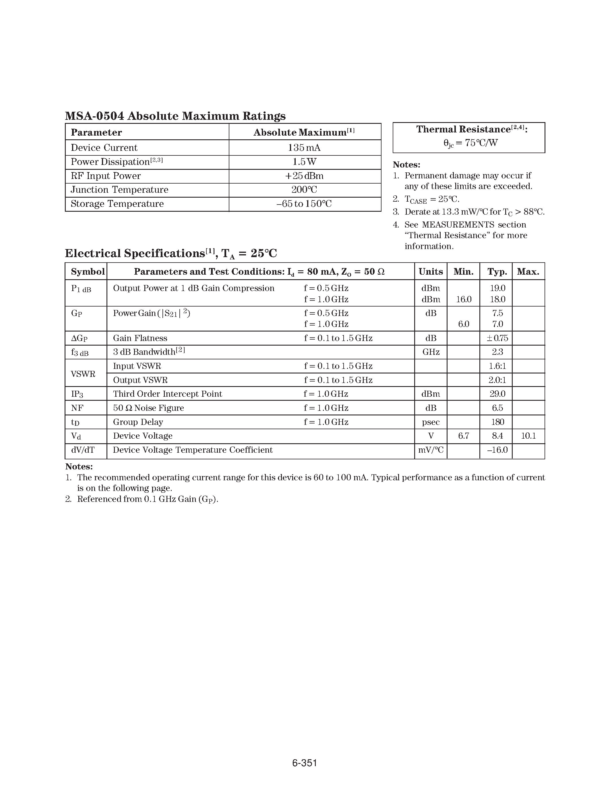 Datasheet MSA-0504 page 2 Datasheet MSA-0504 - Cascadable Silicon Bipolar MMIC Amplifier page 2