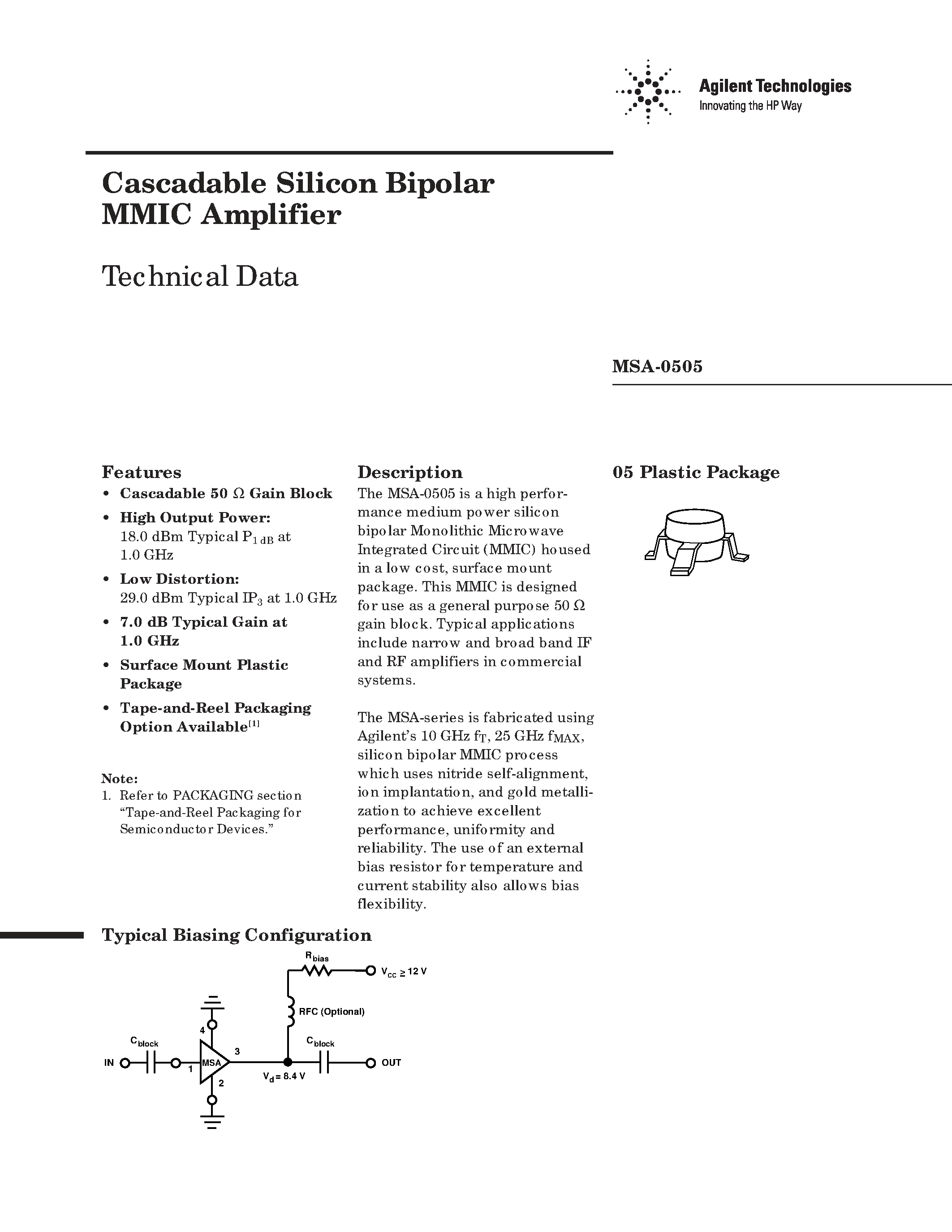 Даташит на микросхему MSA-0505 страница 1 Даташит MSA-0505 - Cascadable Silicon Bipolar MMIC Amplifier страница 1