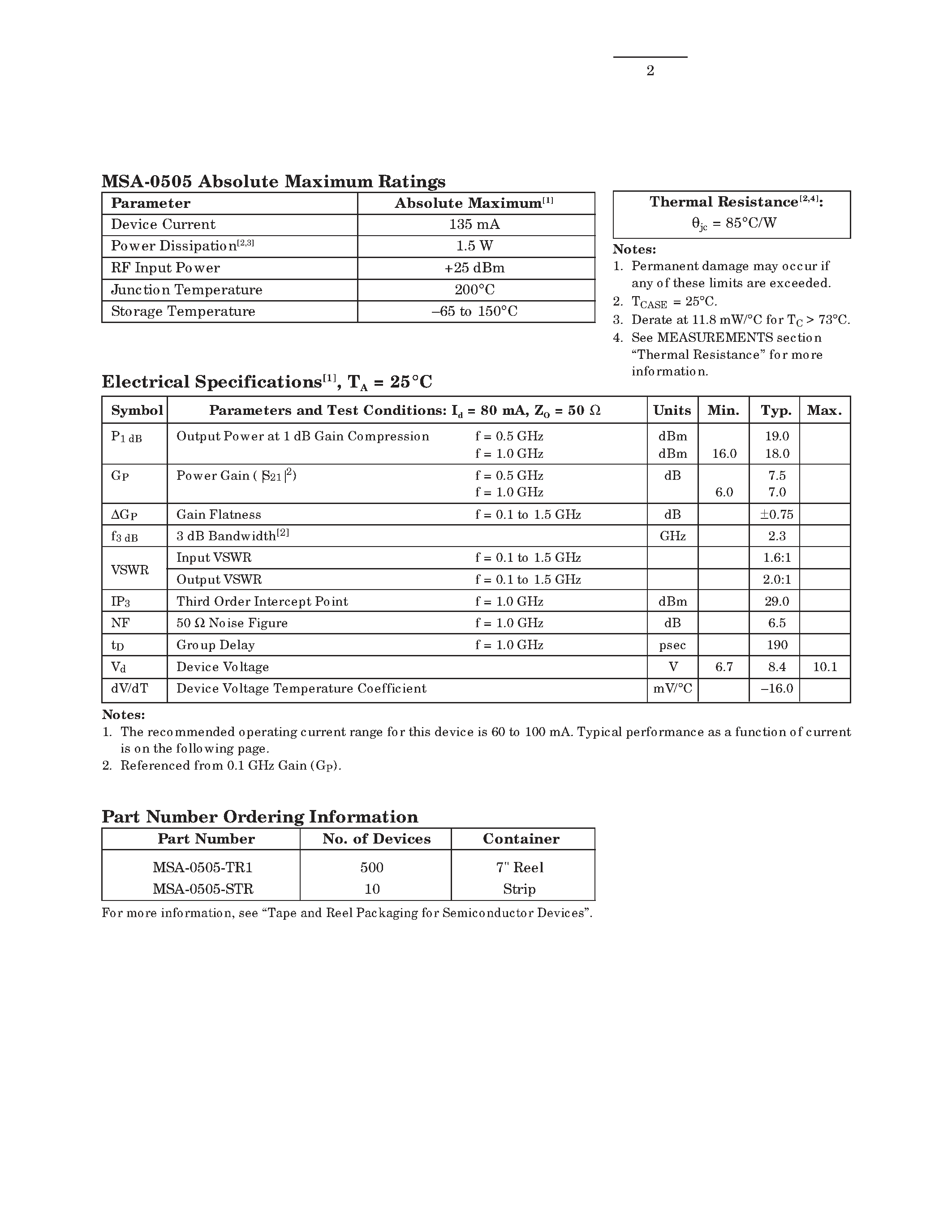 Даташит на микросхему MSA-0505 страница 2 Даташит MSA-0505 - Cascadable Silicon Bipolar MMIC Amplifier страница 2