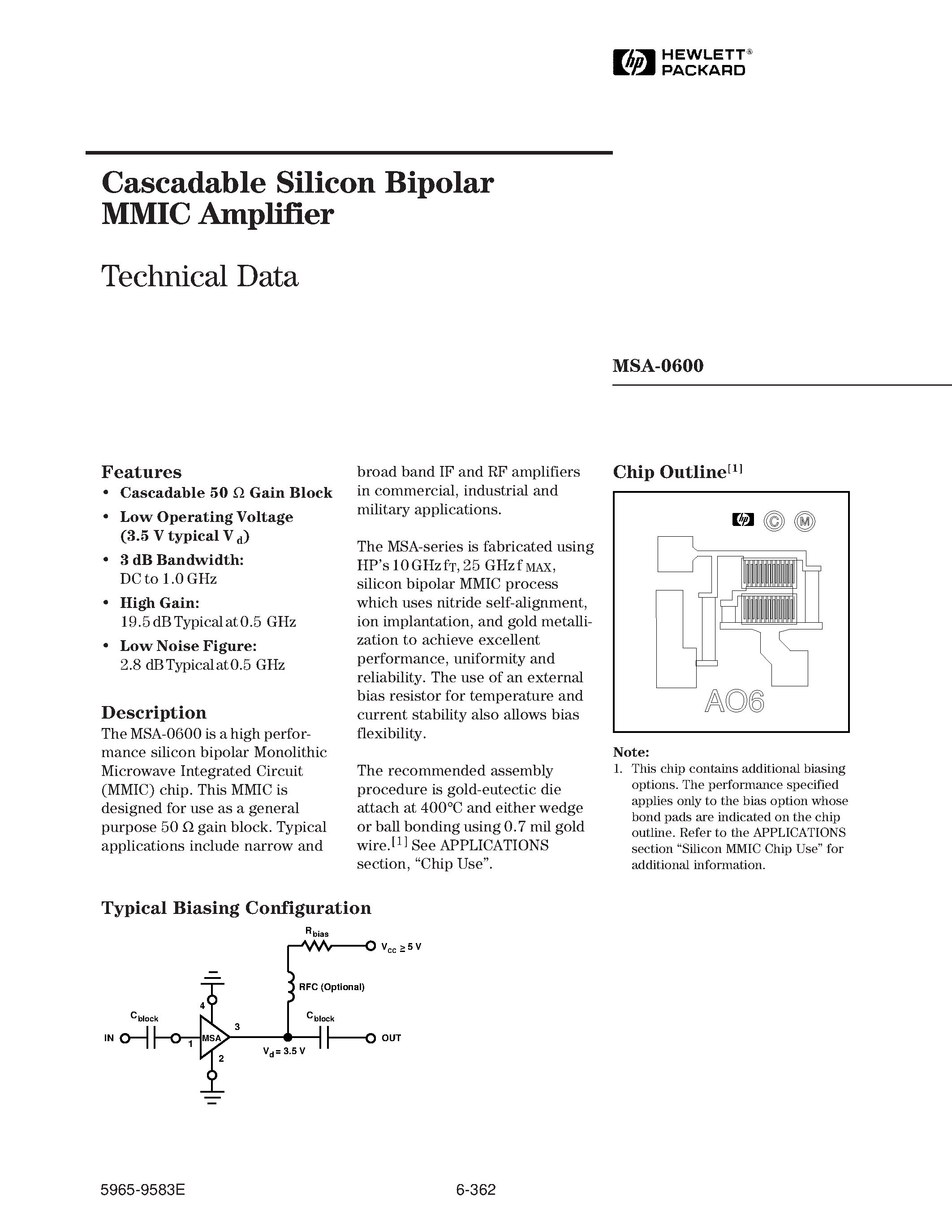 Datasheet MSA-0600 page 1 Datasheet MSA-0600 - Cascadable Silicon Bipolar MMIC Amplifier page 1