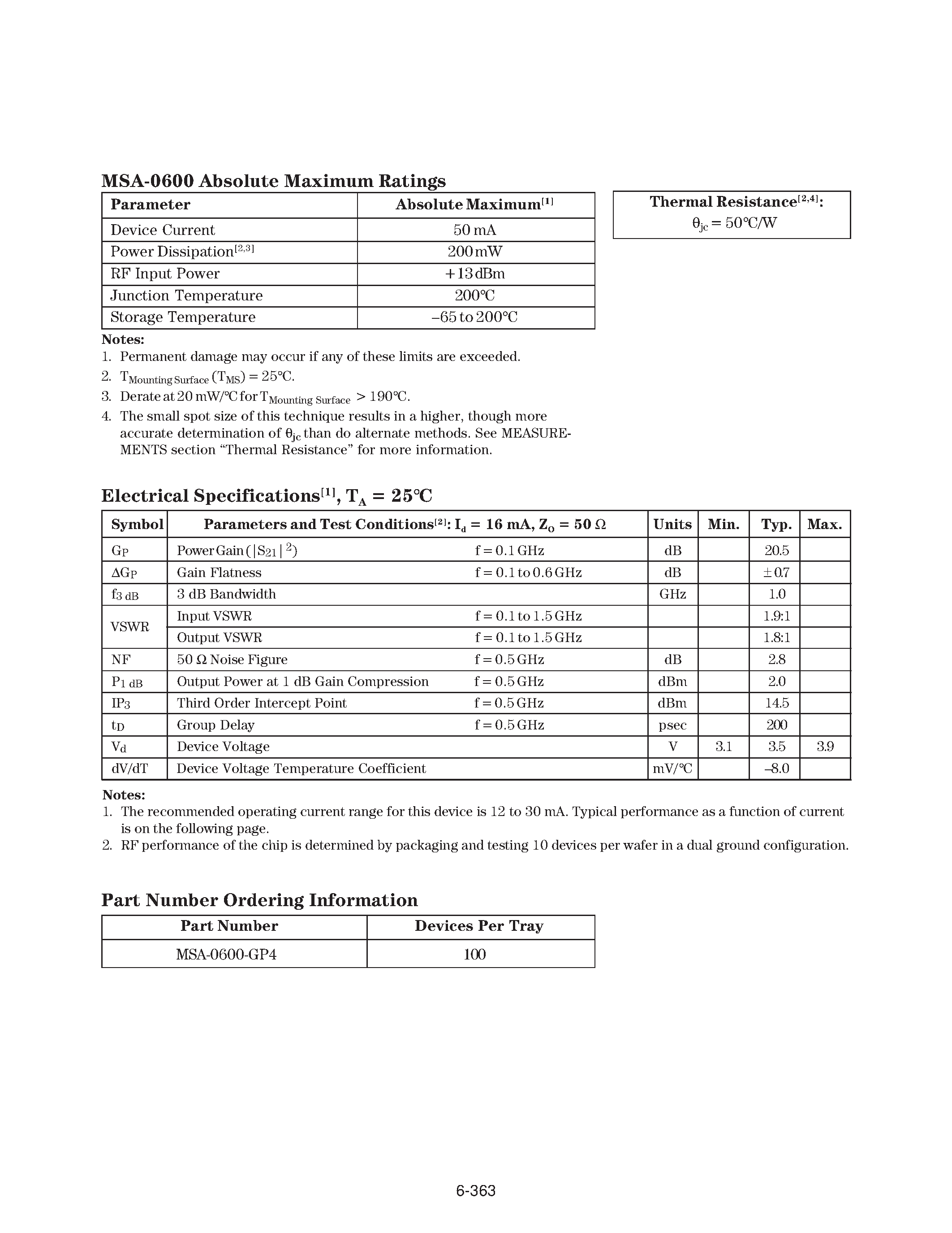Datasheet MSA-0600 page 2 Datasheet MSA-0600 - Cascadable Silicon Bipolar MMIC Amplifier page 2