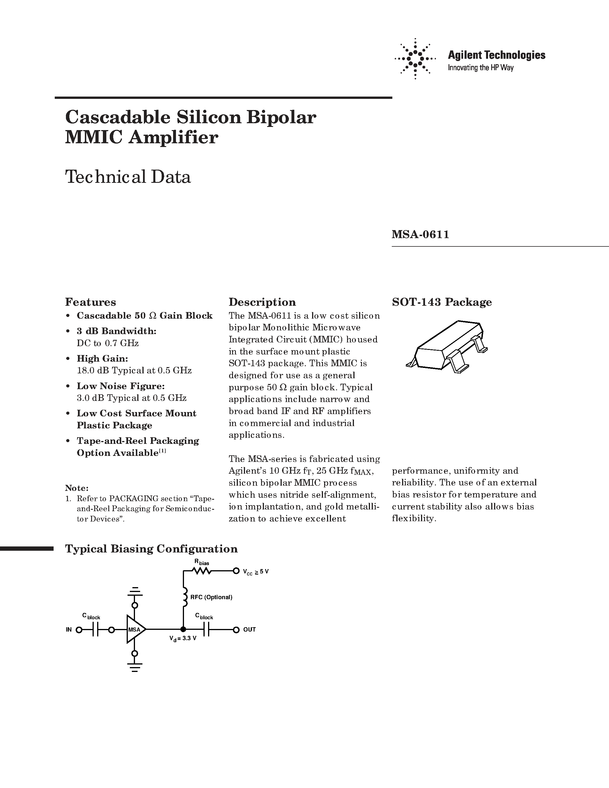 Datasheet MSA-0611 page 1 Datasheet MSA-0611 - Cascadable Silicon Bipolar MMIC Amplifier page 1