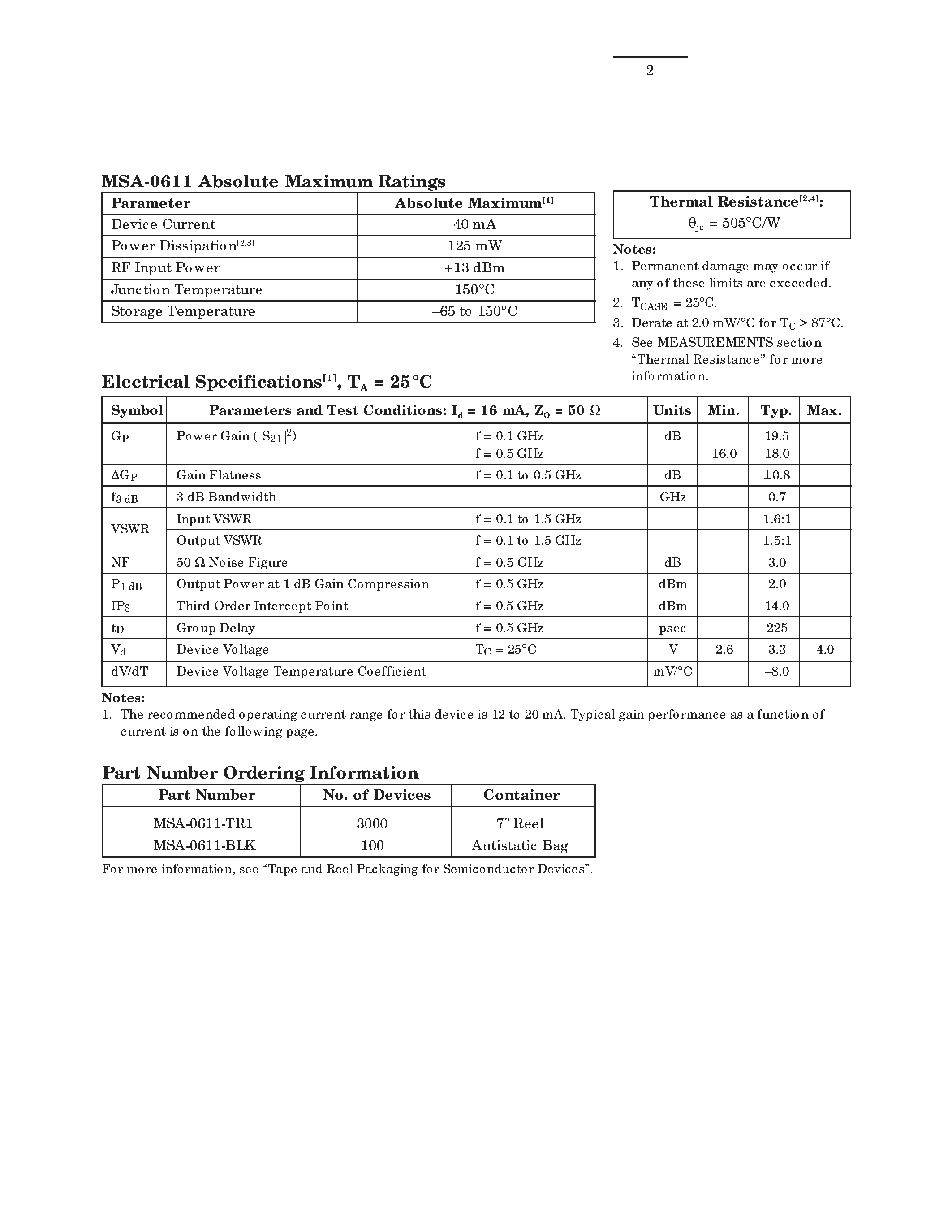 Datasheet MSA-0611 page 2 Datasheet MSA-0611 - Cascadable Silicon Bipolar MMIC Amplifier page 2